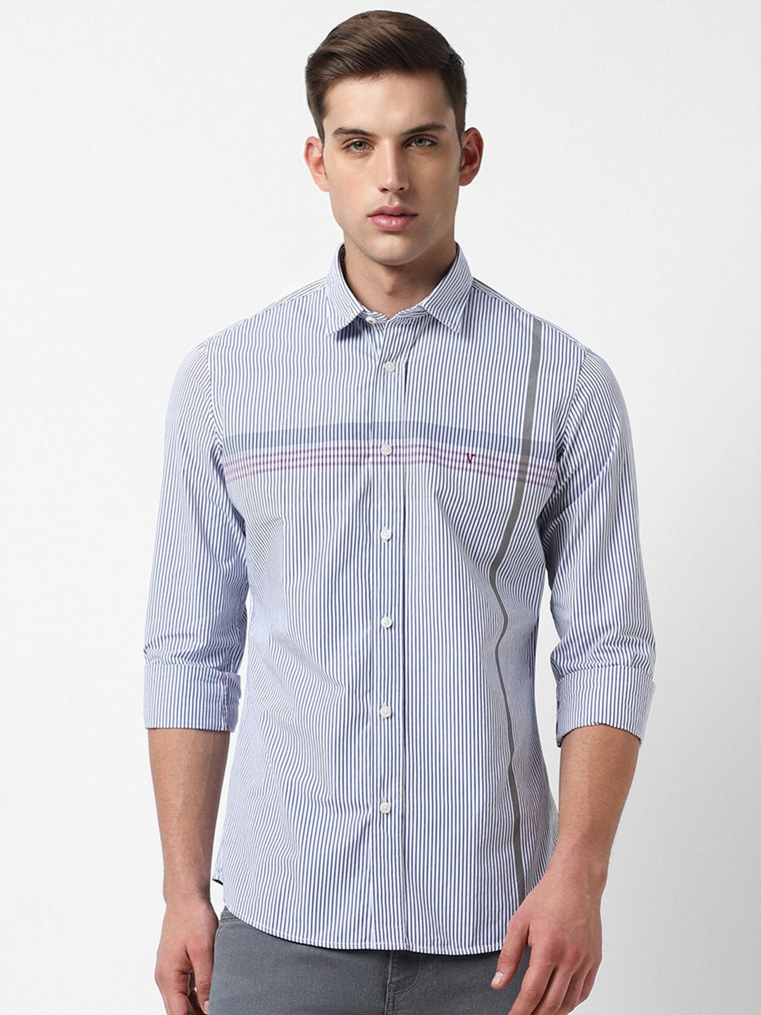 

Van Heusen Sport Slim Fit Horizontal Stripes Opaque Pure Cotton Casual Shirt, Blue
