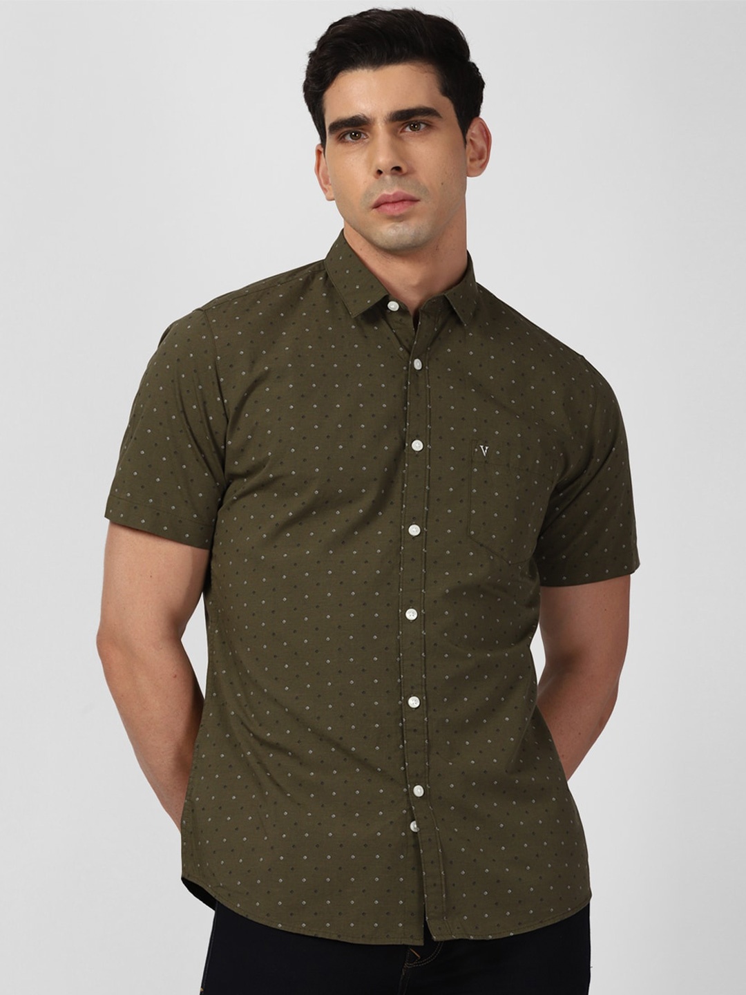 

Van Heusen Sport Slim Fit Micro Ditsy Printed Pure Cotton Casual Shirt, Olive