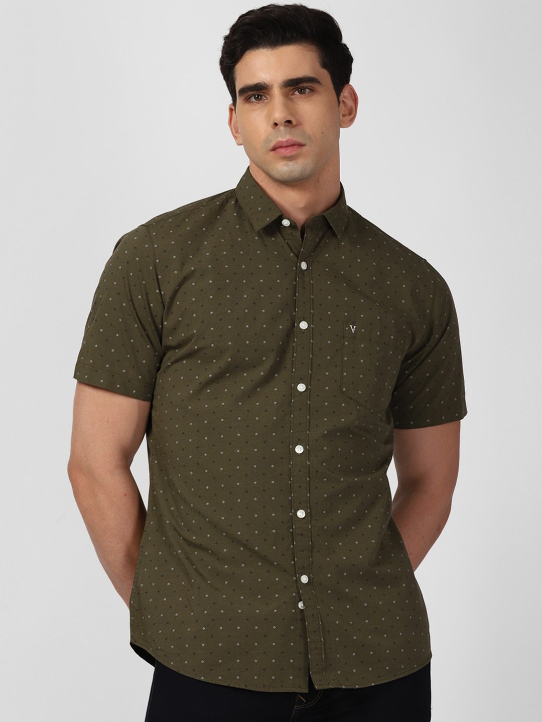 Van Heusen Sport Slim Fit Micro Ditsy Printed Spread Collar Cotton Casual Shirt, Olive
