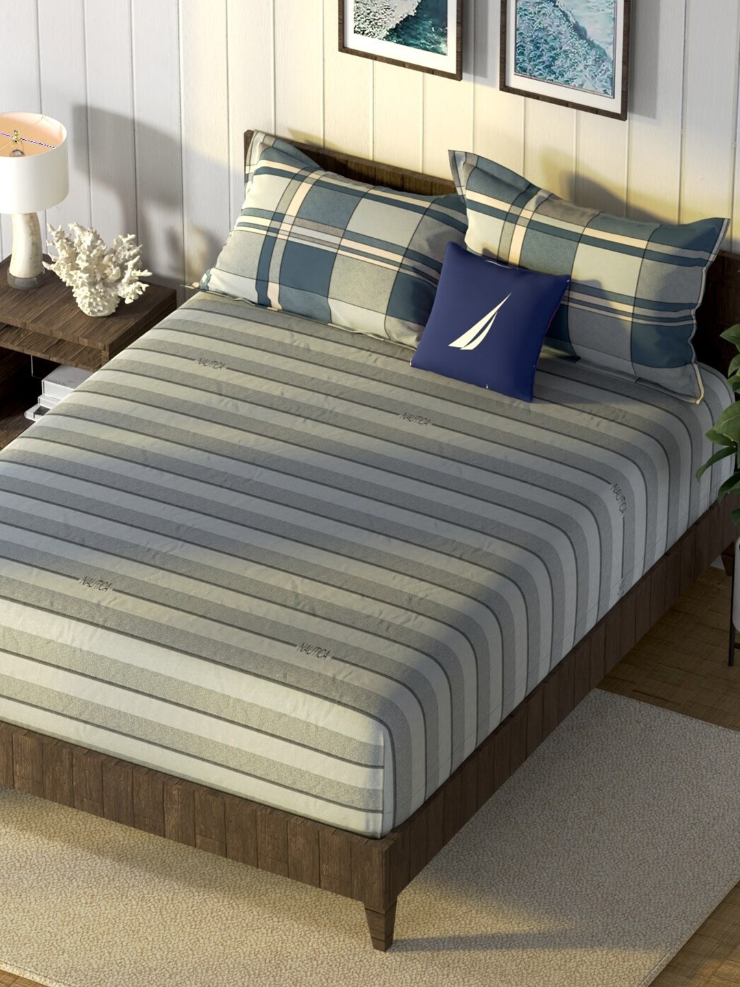 

Nautica Noridge Blue & Grey Striped Cotton 160 TC King Bedsheet With 2 Pillow Covers