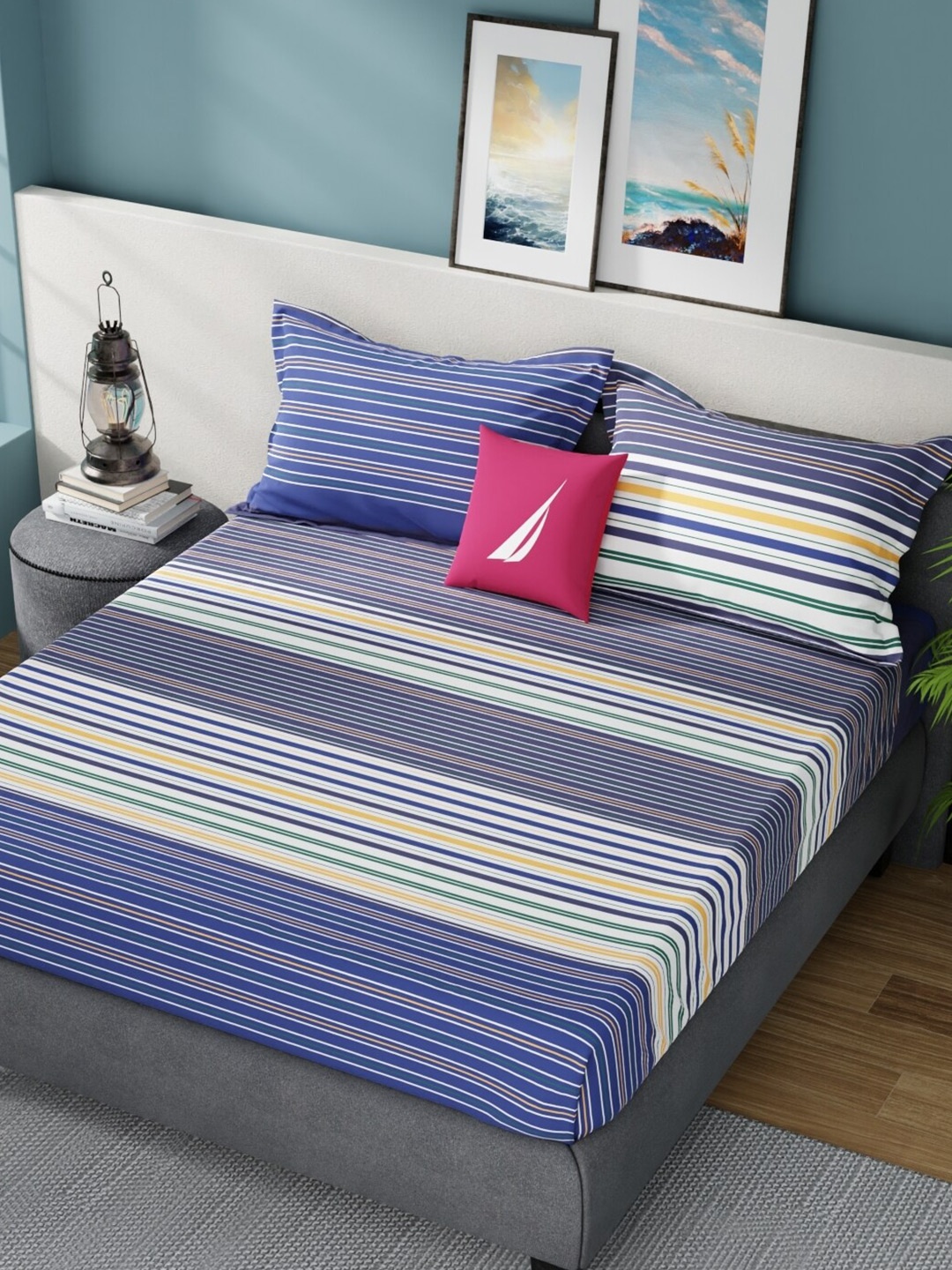 Nautica Bradford Blue & White Striped Cotton 160 TC King Bedsheet with 2 Pillow Covers