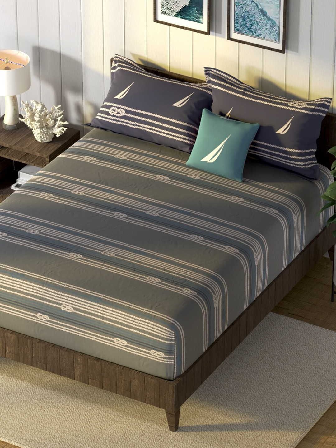 

Nautica Noridge Grey & White Striped Cotton 160 TC King Bedsheet with 2 Pillow Covers