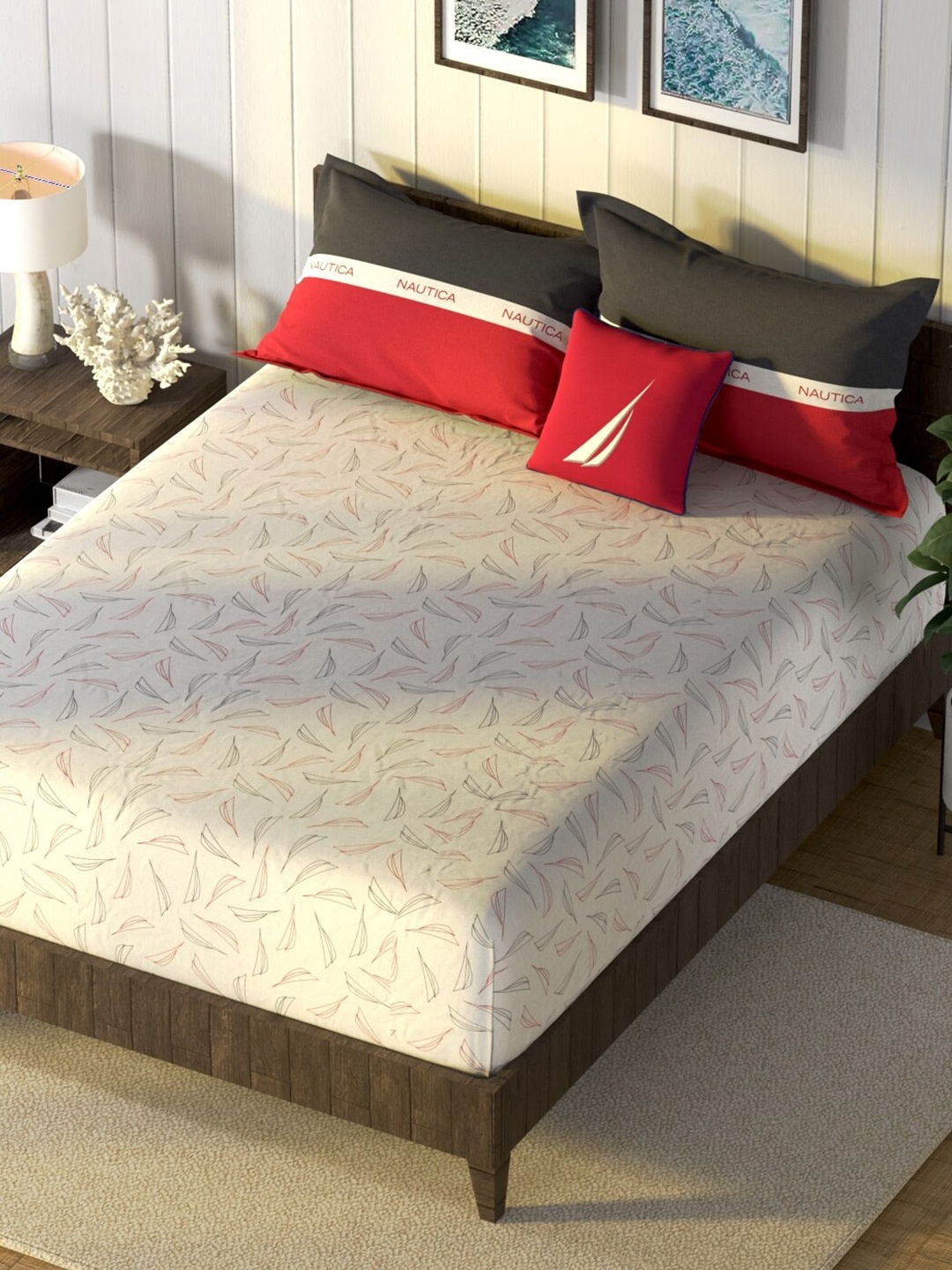 

Nautica Noridge Red & Grey Printed Cotton 160 TC King Bedsheet with 2 Pillow Covers