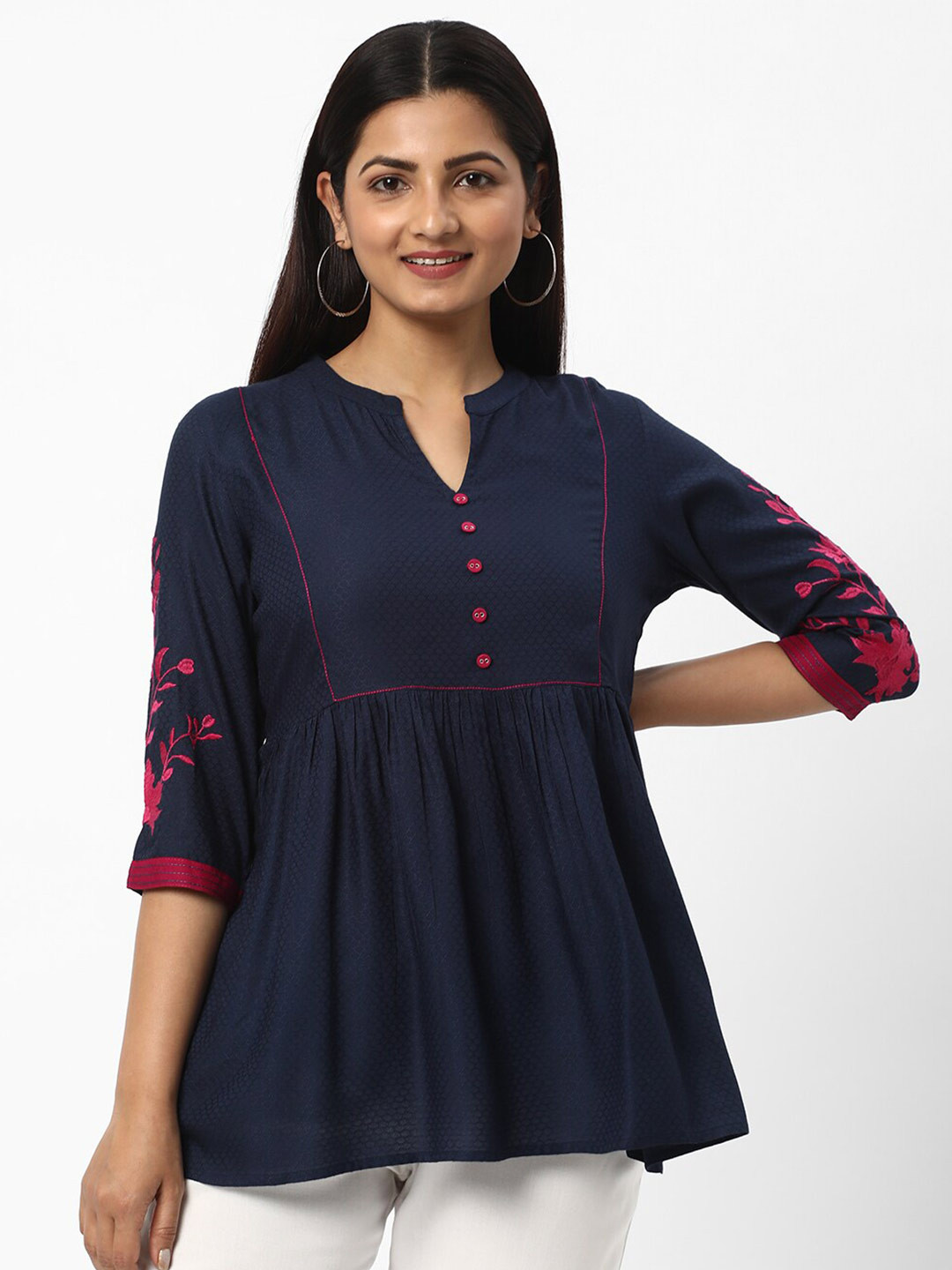 

R&B Mandarin Collar Floral Embroidered Tunic, Navy blue