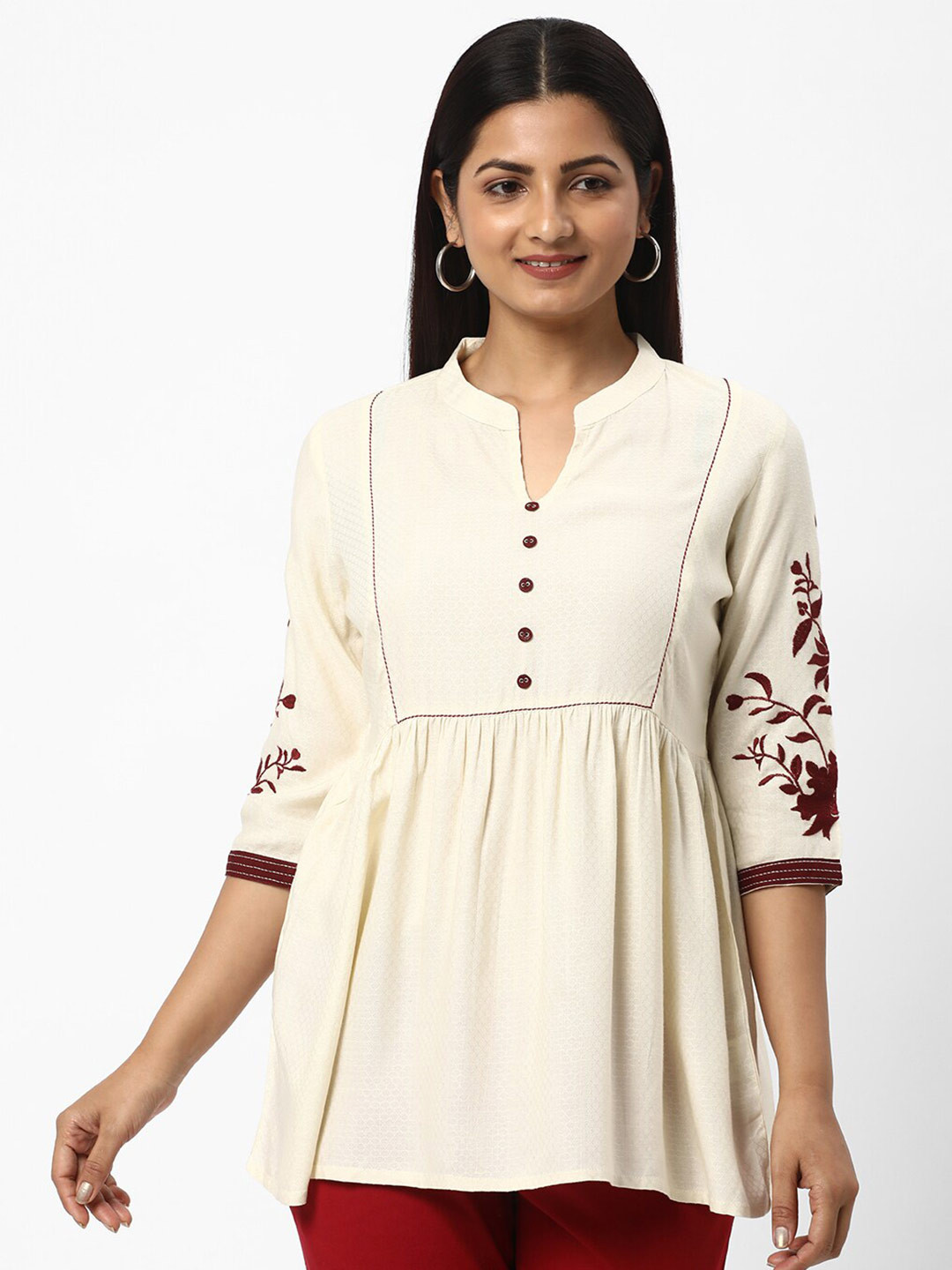 

R&B Mandarin Collar Gathered Floral Embroidered Tunic, Off white