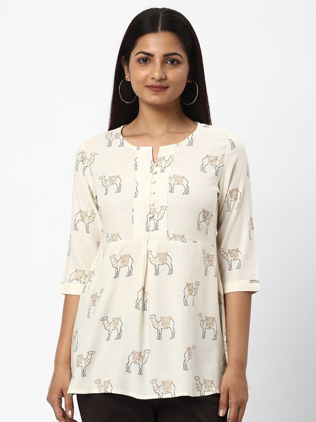 

R&B Ethnic Printed Notched Neck Tunic, White