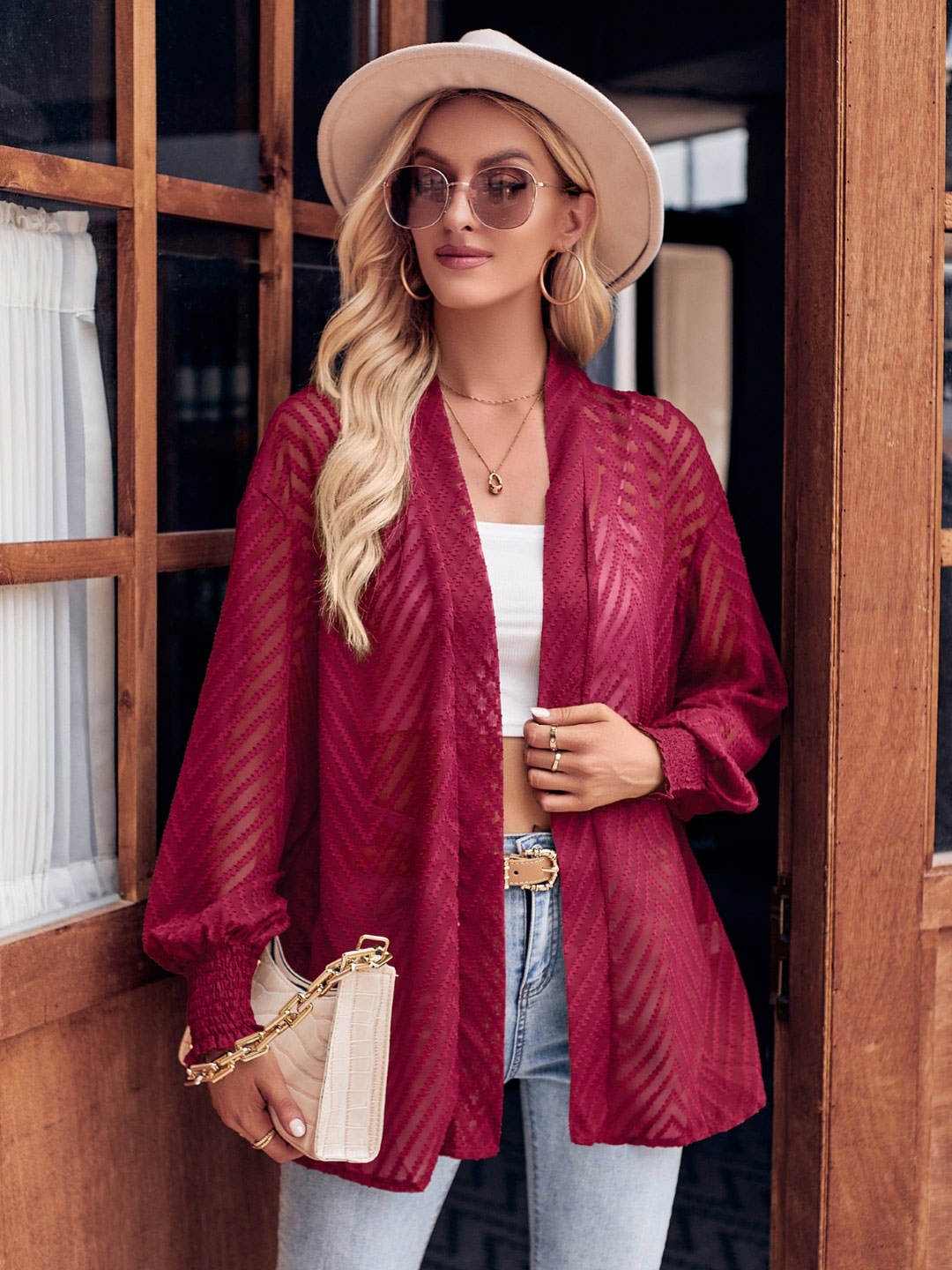 

StyleCast Geometric Self Design Shawl Collar Casual Top, Burgundy