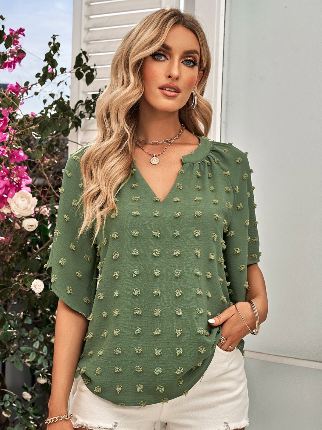 StyleCast Self Design Flared Sleeves Top, Green