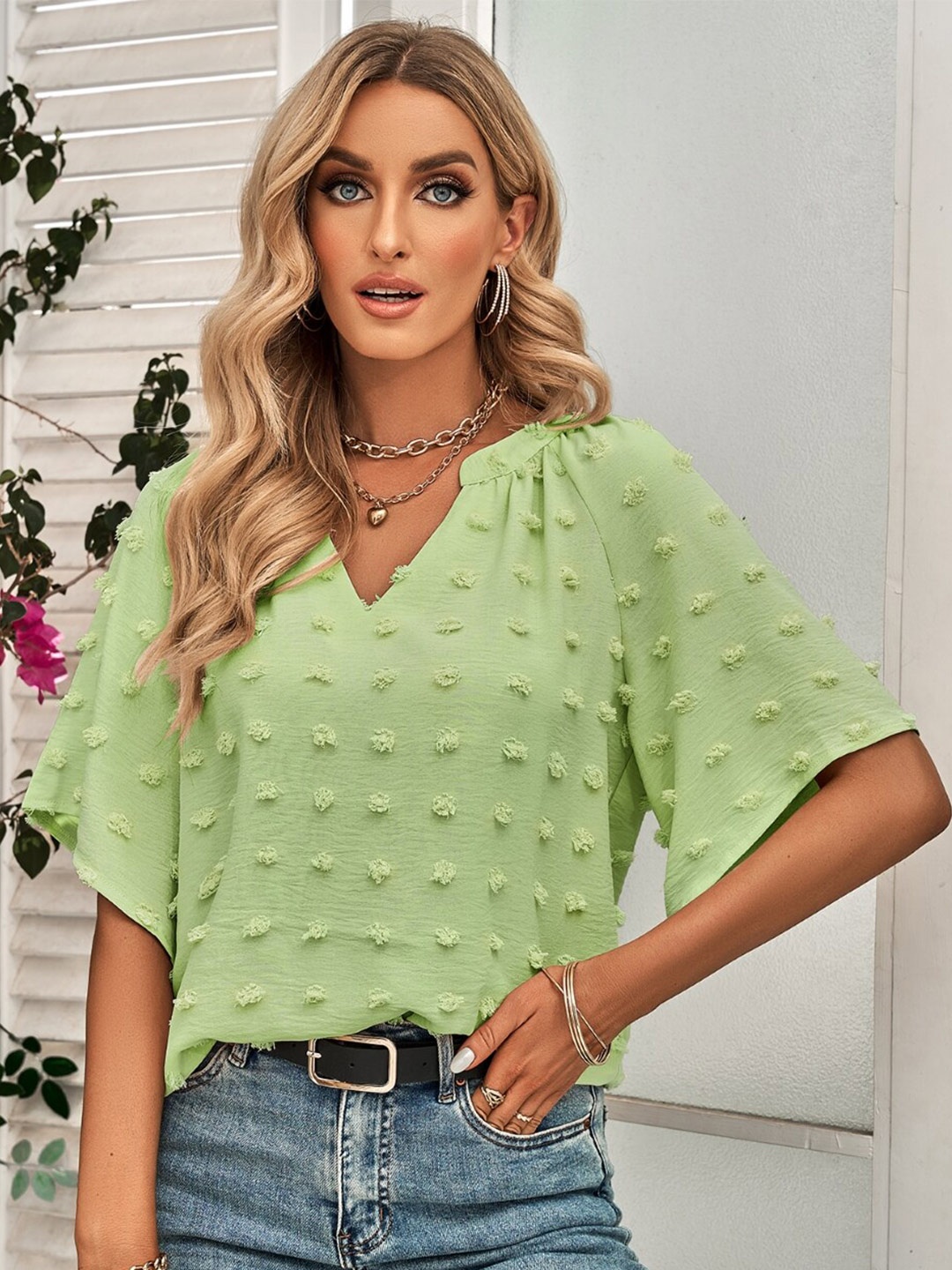 

StyleCast Self Design Flared Sleeves Top, Green