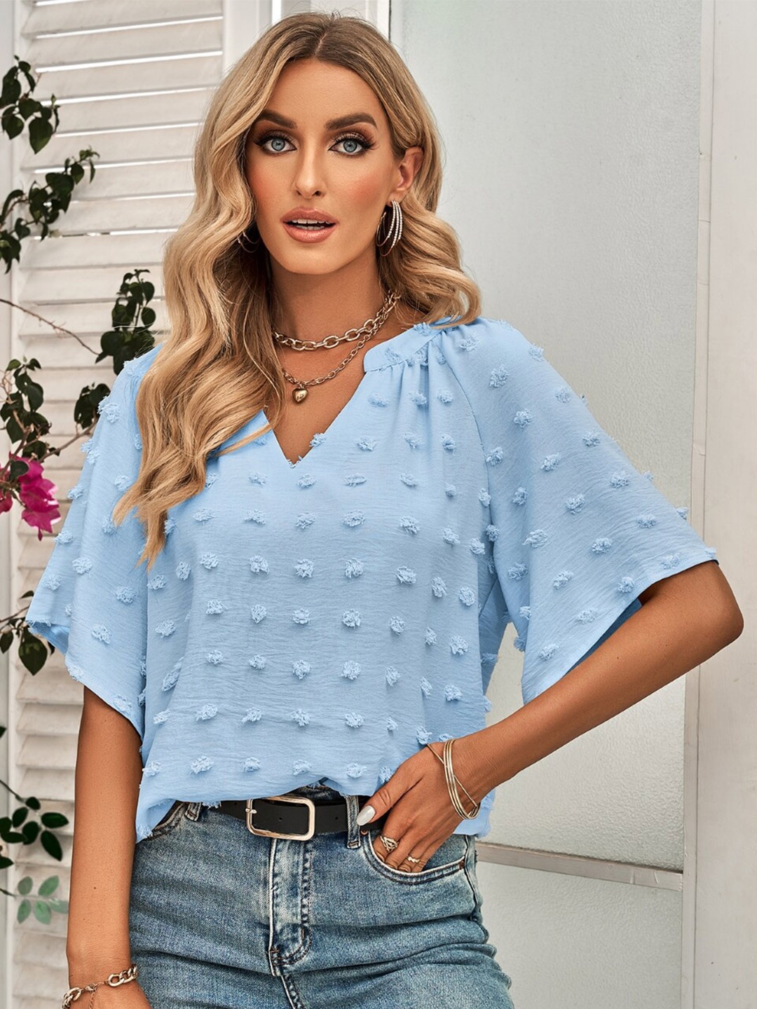 StyleCast Self Design Band Collar Flared Sleeves Casual Top, Blue
