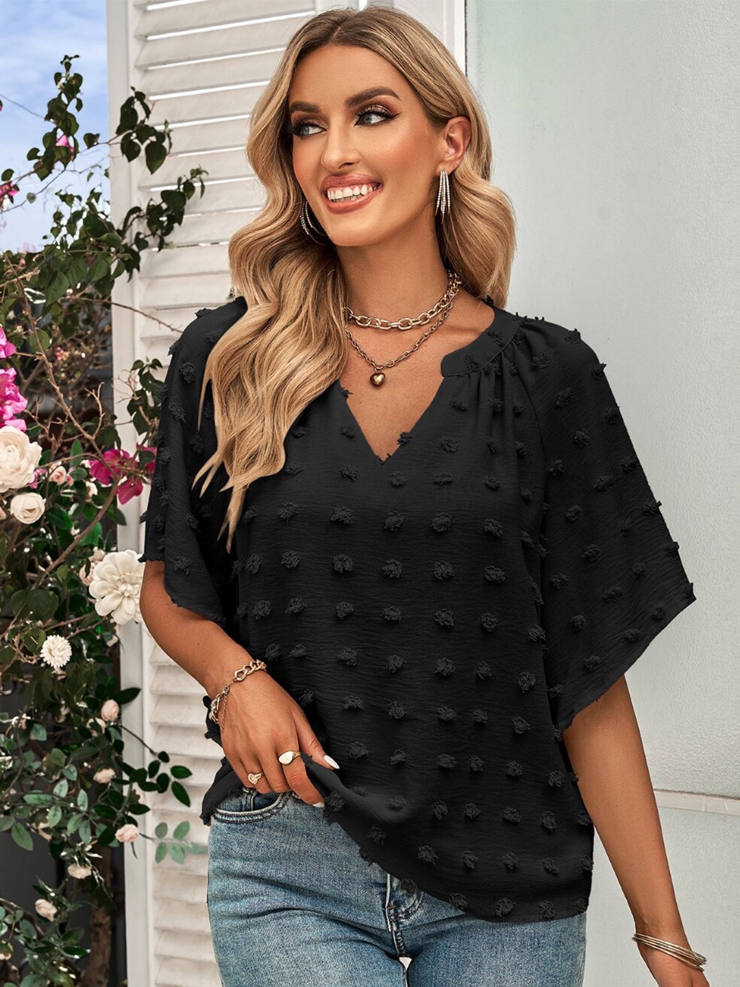 

StyleCast Embellished Band Neck Flared Sleeve Casual Top, Black