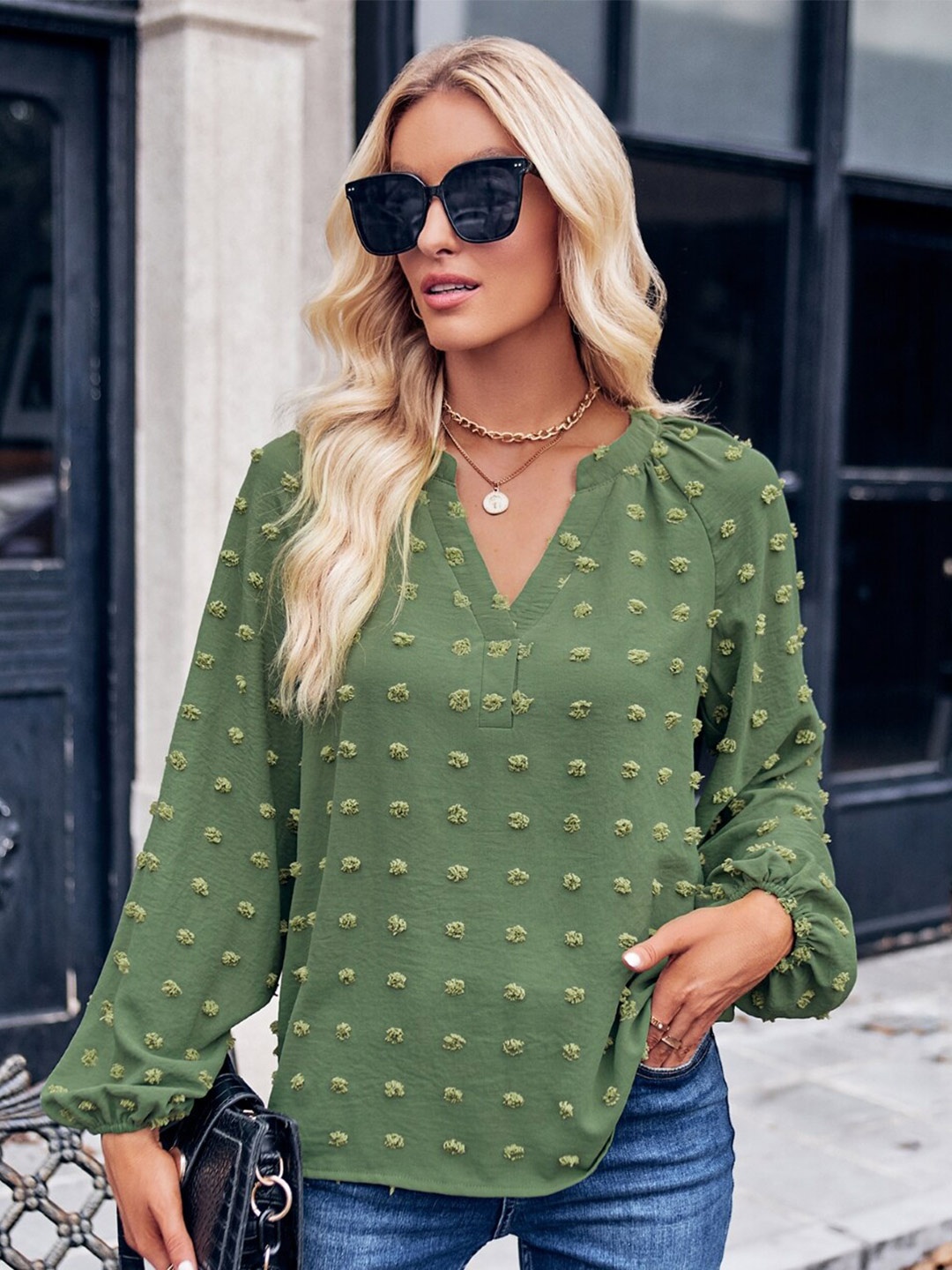 

StyleCast Green Self Design Puff Sleeves Shirt Style Top