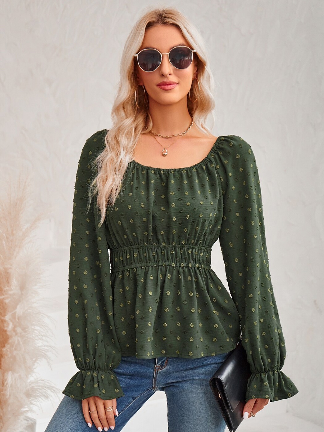 

StyleCast Self Design Round Neck Cinched Waist Top, Green