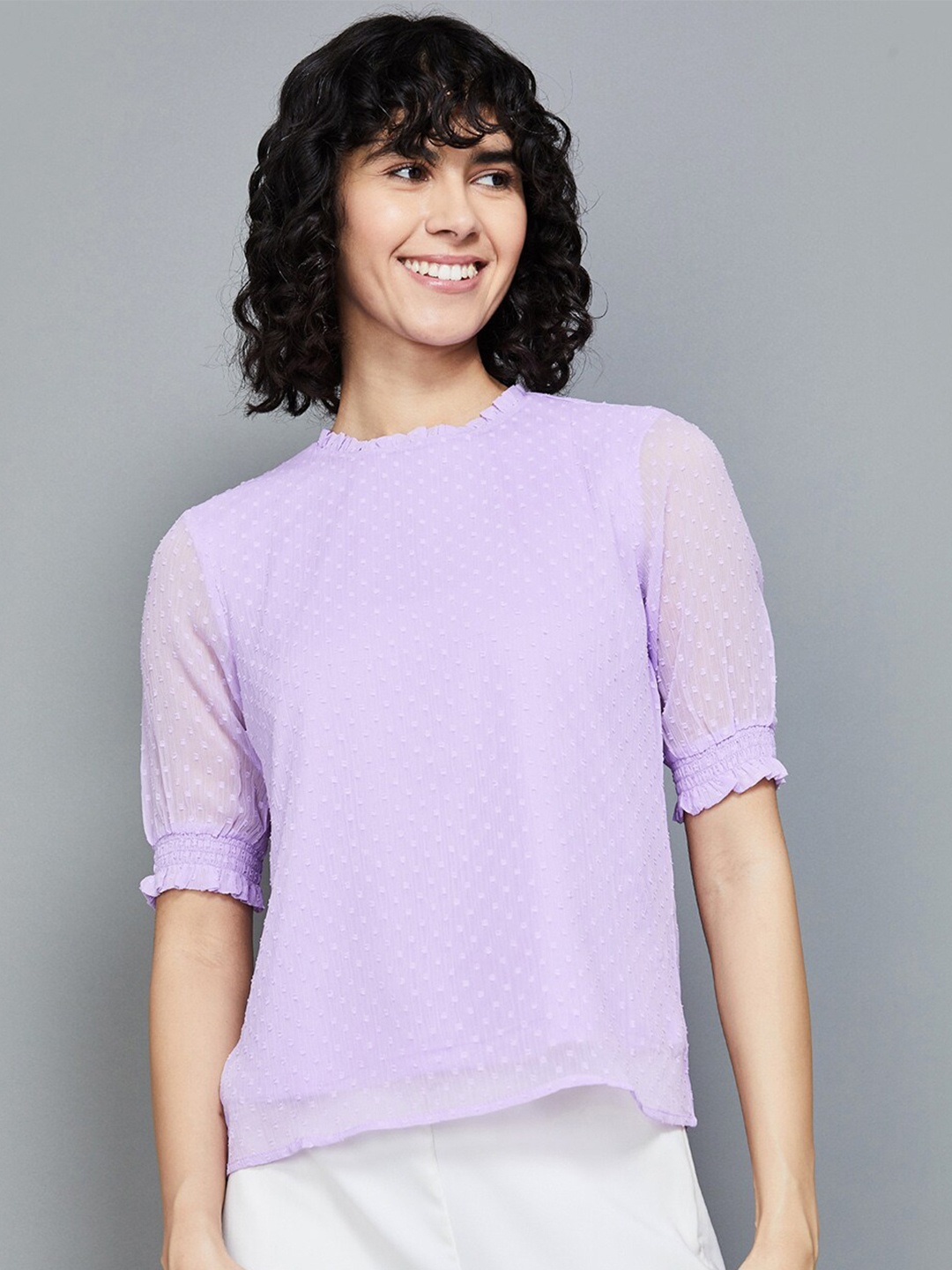 

Fame Forever by Lifestyle Geometric Self Design Puff Sleeves Top, Purple
