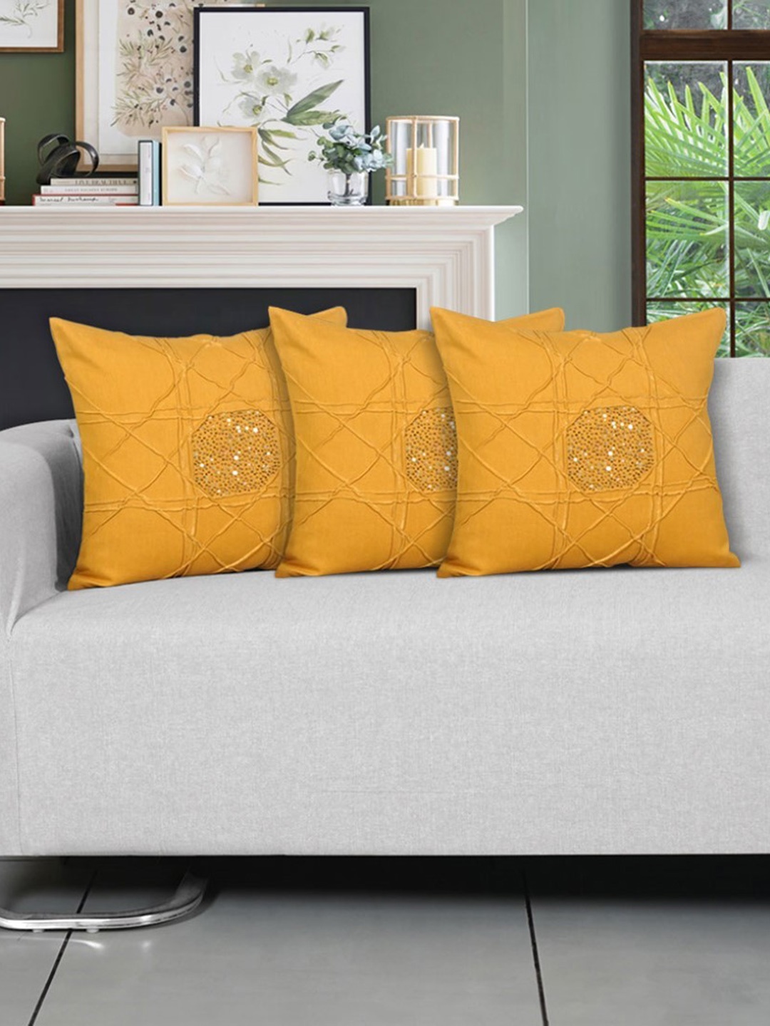 

Ode & Cleo Mustard-Yellow Embellished Square Cushion Cover