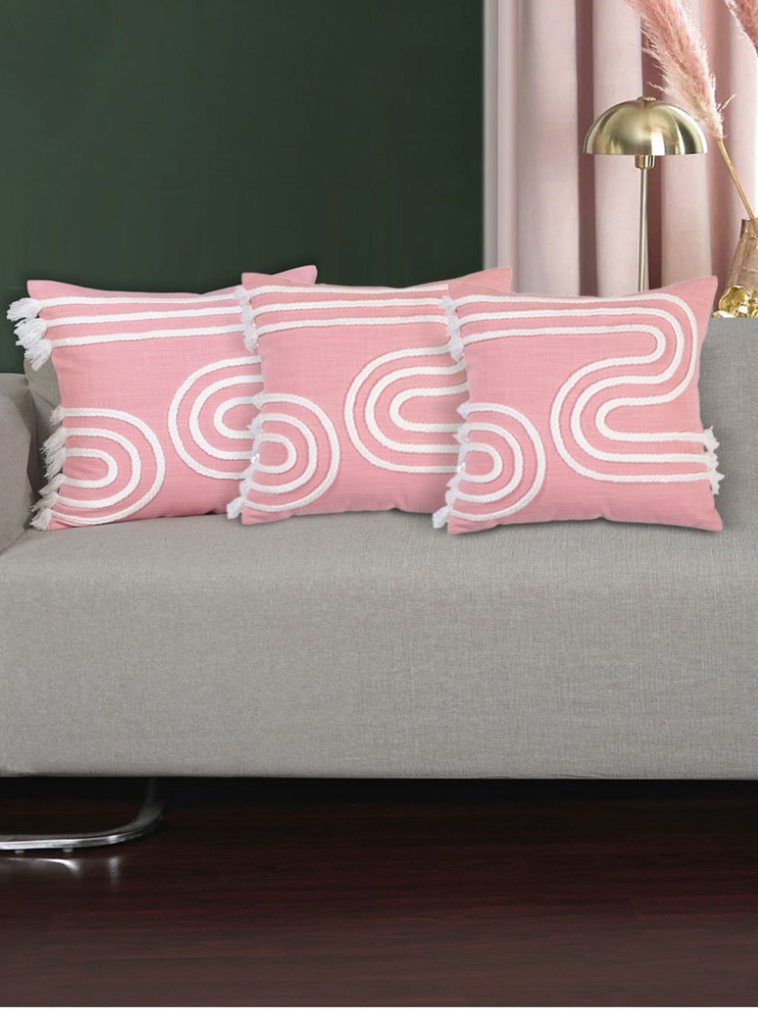 

Ode & Cleo Pink & White Embroidered Pure Cotton Square Cushion Cover