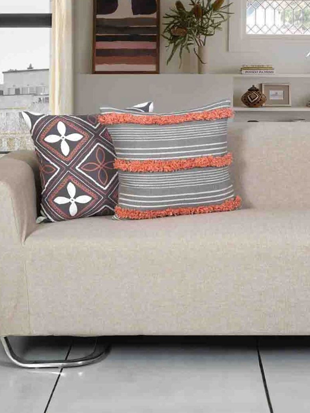 

Ode & Cleo Grey & Orange 2 Pieces Embroidered Square Cushion Covers