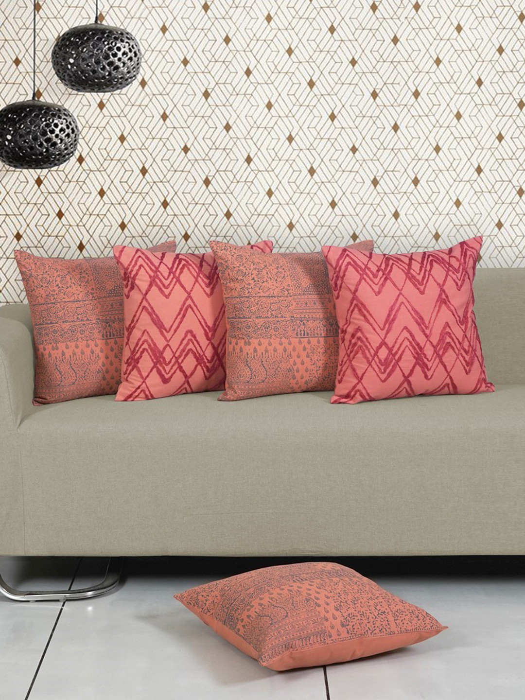 

Ode & Cleo Off White & Red 5 Pieces Embroidered Pure Cotton Square Cushion Covers