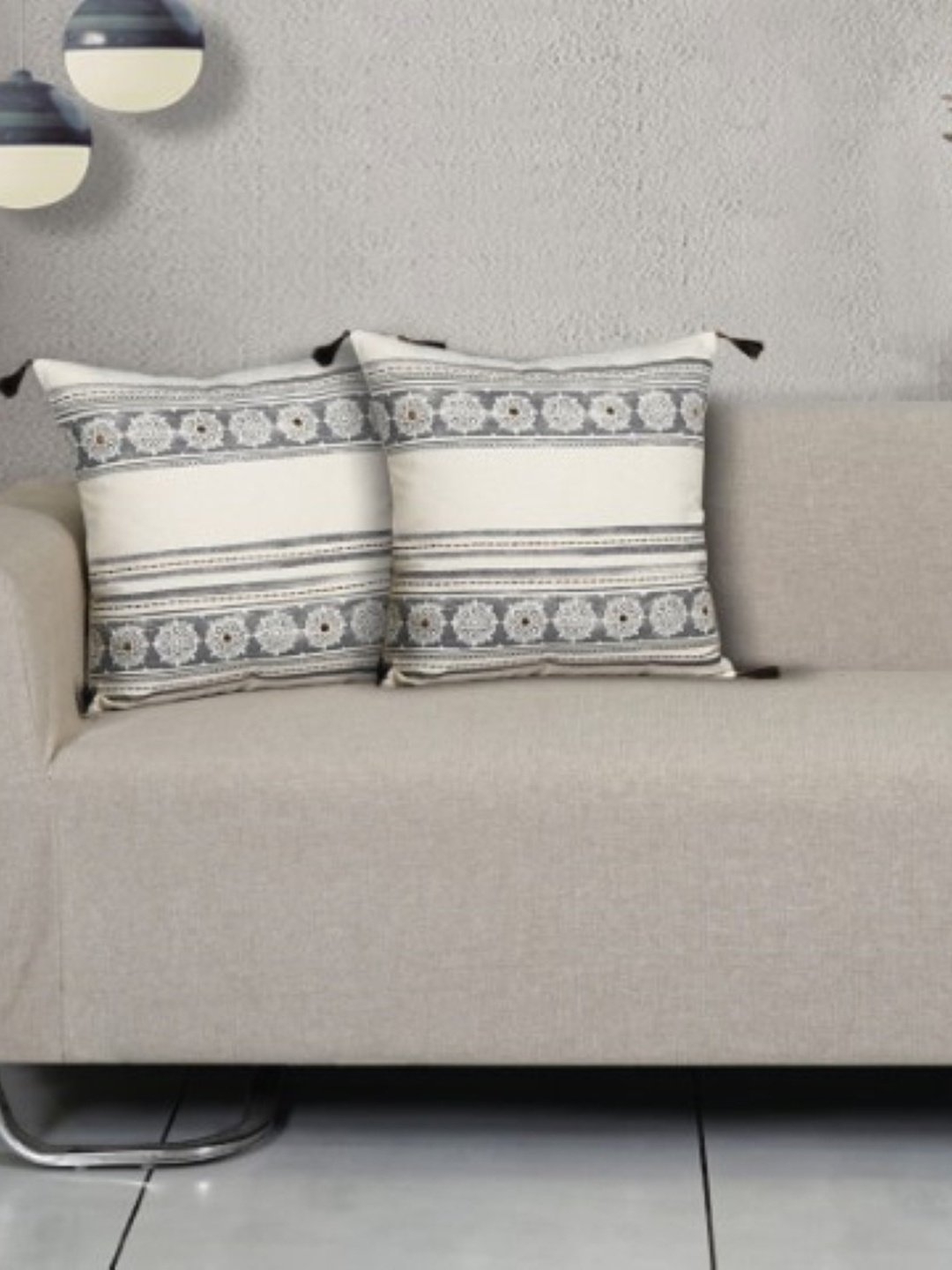 

Ode & Cleo Off White & Grey Embroidered Pure Cotton Square Cushion Cover