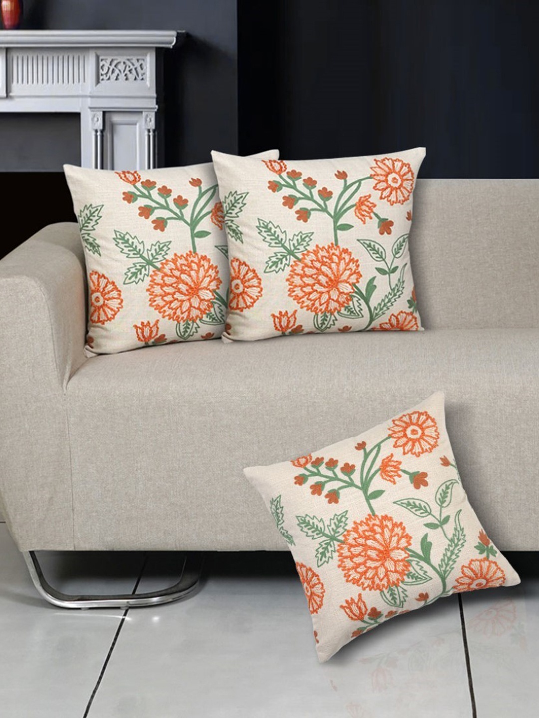 

Ode & Cleo White & Green Embroidered Pure Cotton Square Cushion Cover
