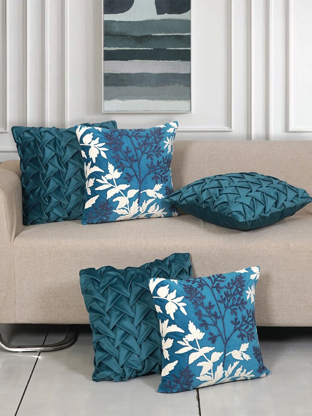 

Ode & Cleo Teal & White 5 Pieces Embroidered Pure Cotton Square Cushion Covers