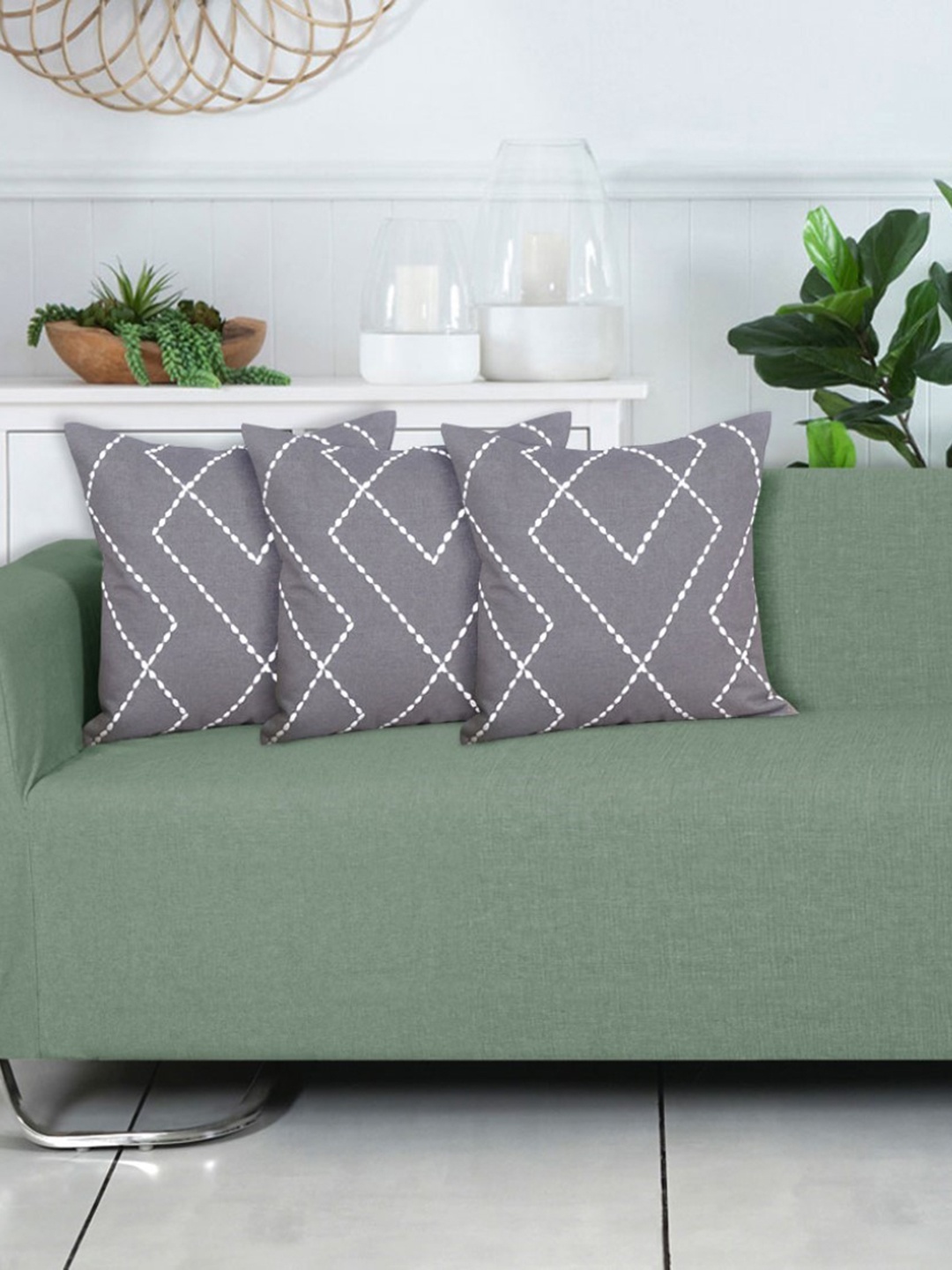 

Ode & Cleo Grey & White 3 Pieces Embroidered Cotton Square Cushion Covers