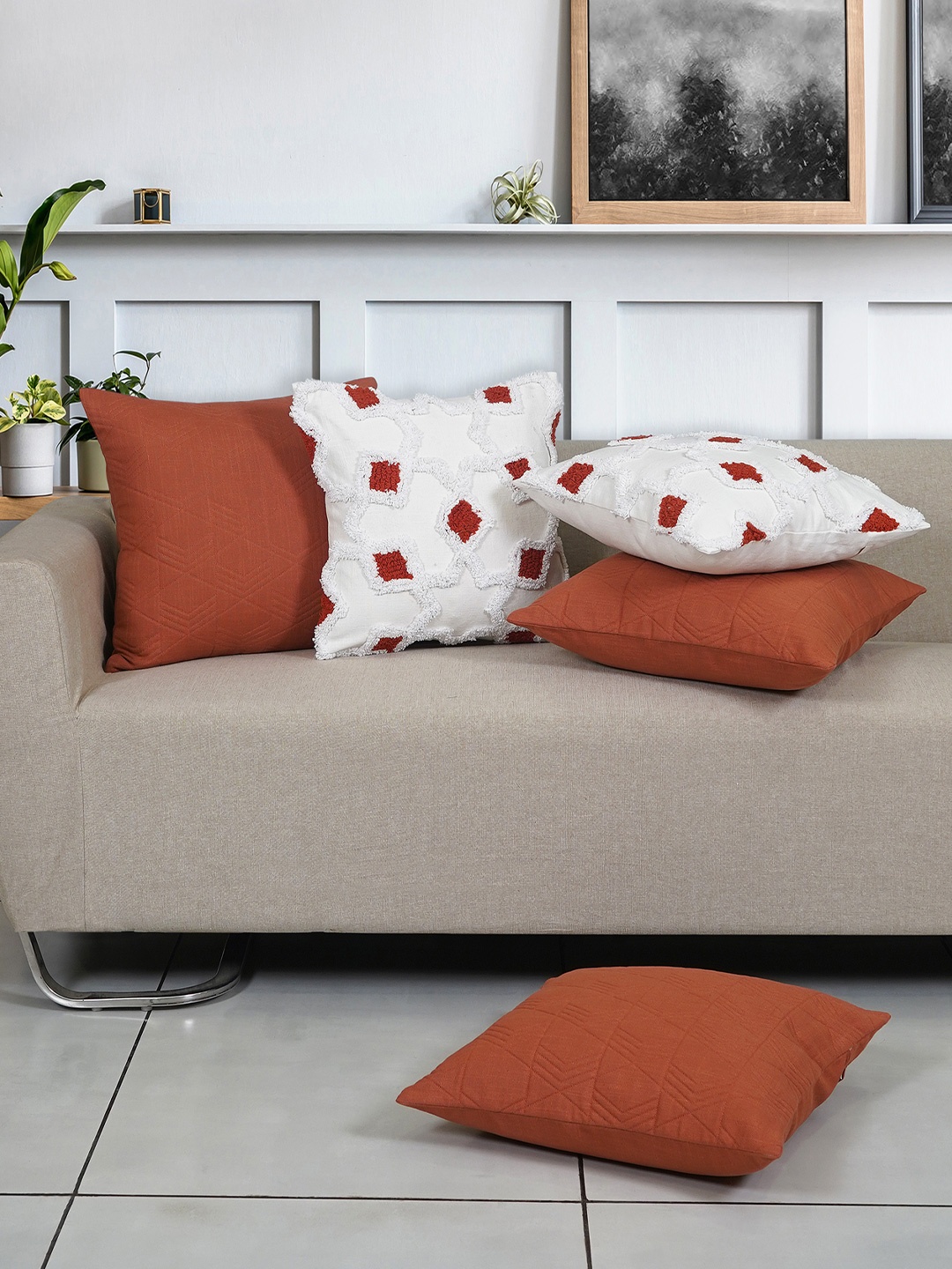 

Ode & Cleo White & Rust 5 Pieces Embroidered Pure Cotton Square Cushion Covers