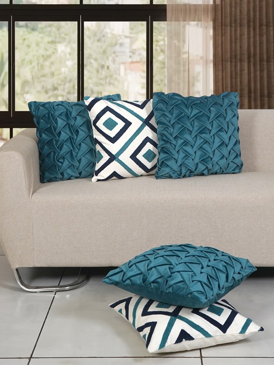 

Ode & Cleo Teal & White 5 Pieces Embroidered Cotton Square Cushion Covers