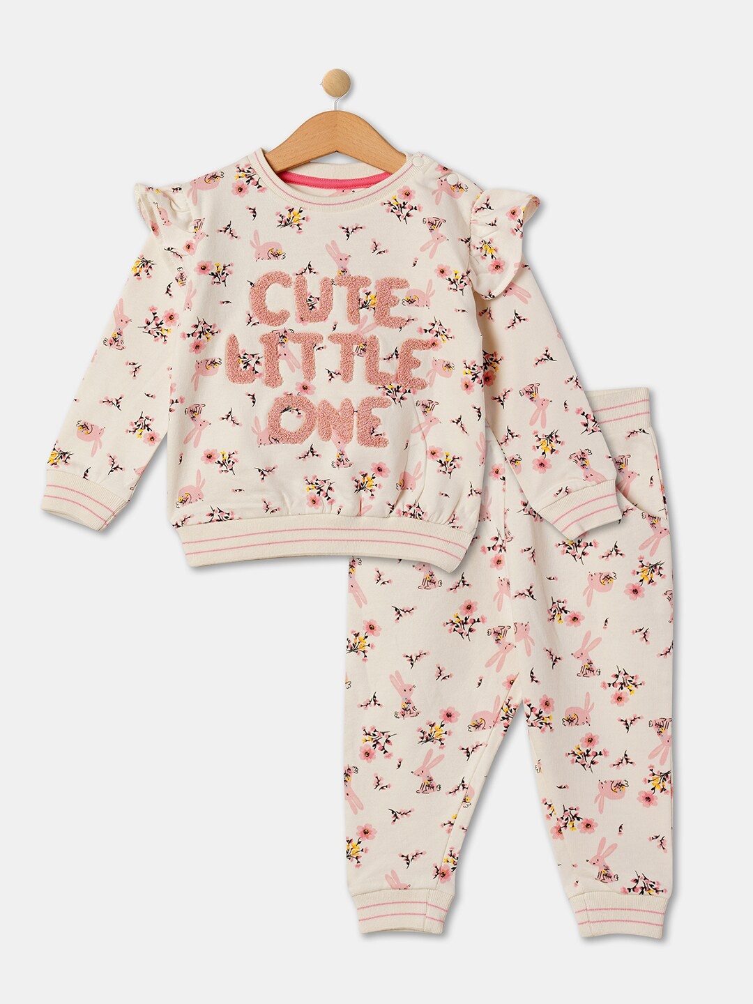 

R&B Girls Floral Printed Round Neck Long Sleeve Pure Cotton Clothing Set, White