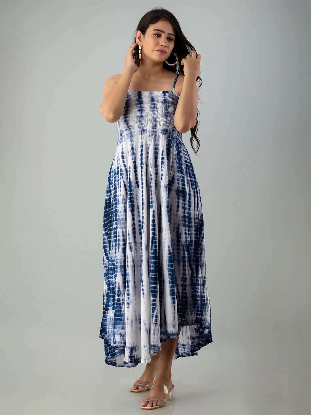 

Vastralay Tie and Dye Shoulder Straps Flared Maxi Dress, Blue