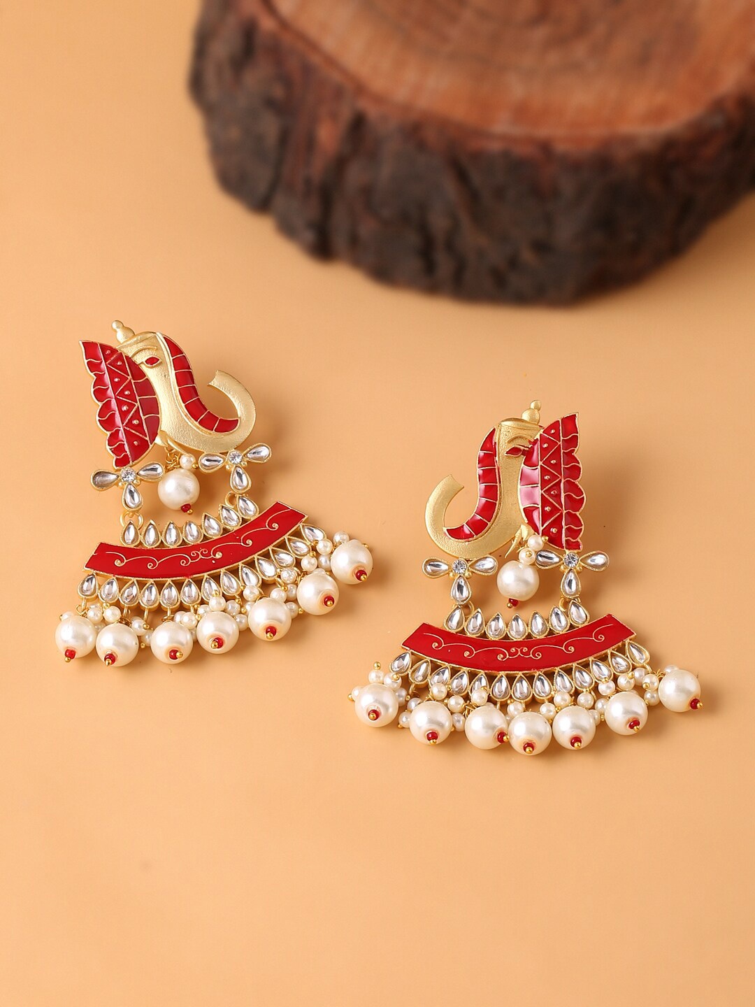 

CELEBRAVO Brass-Plated Animal Shaped Kundan Drop Earrings, Red
