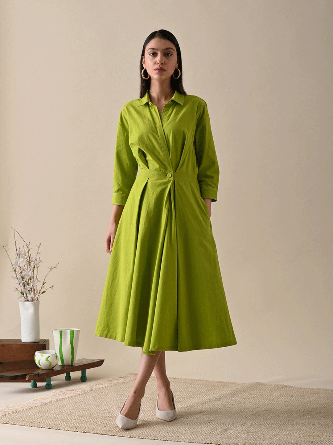 

Kanelle Cuff Sleeves Shirt Style Organic Cotton Midi Dress, Green