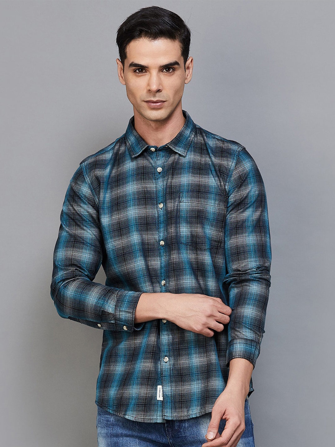 

Forca by Lifestyle Tartan Checked Spread Collar Cotton Casual Shirt, Blue