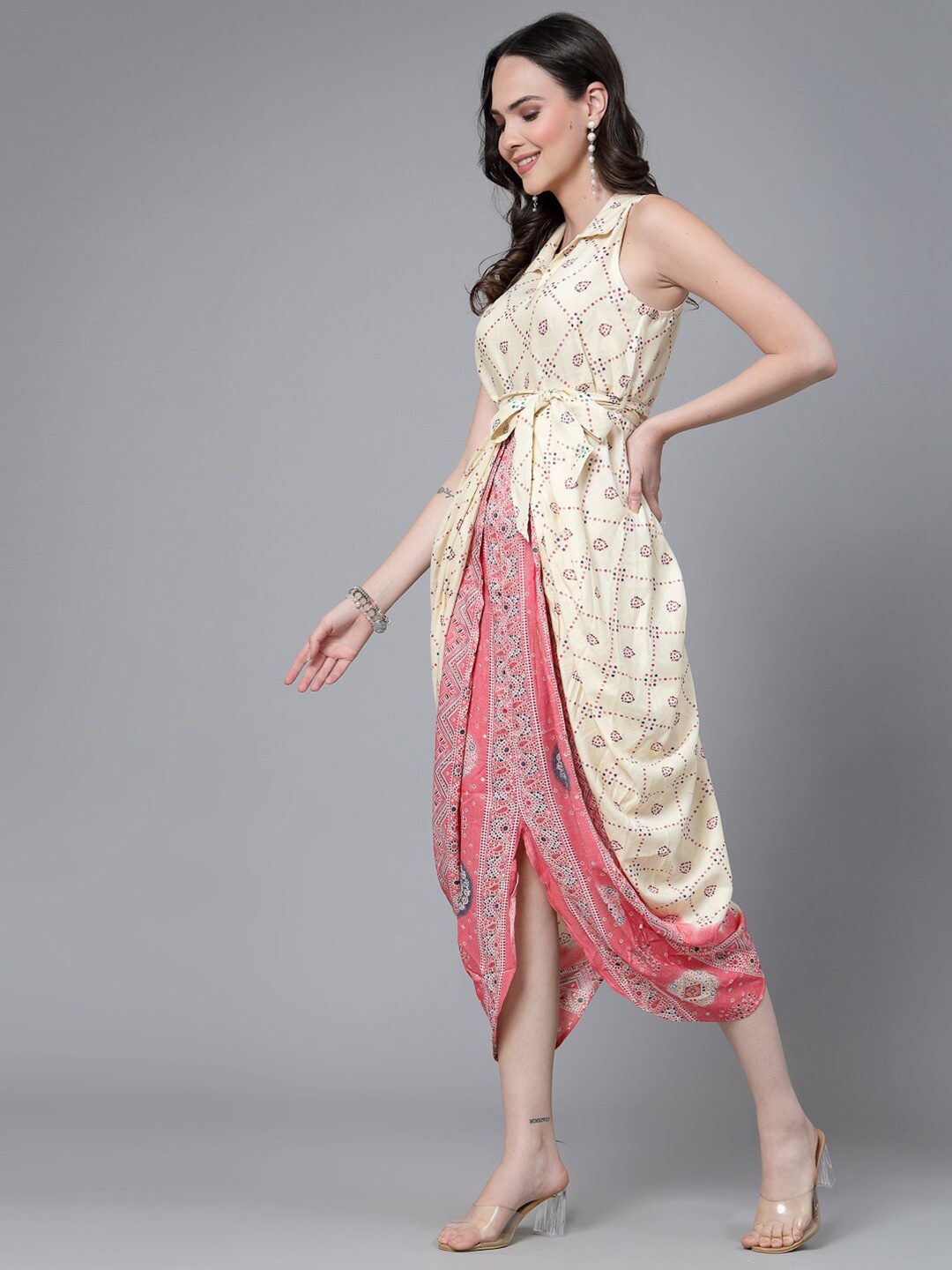

Ramas Ethnic Motifs Printed Shirt Collar Dhoti Styled Midi Dress, Yellow
