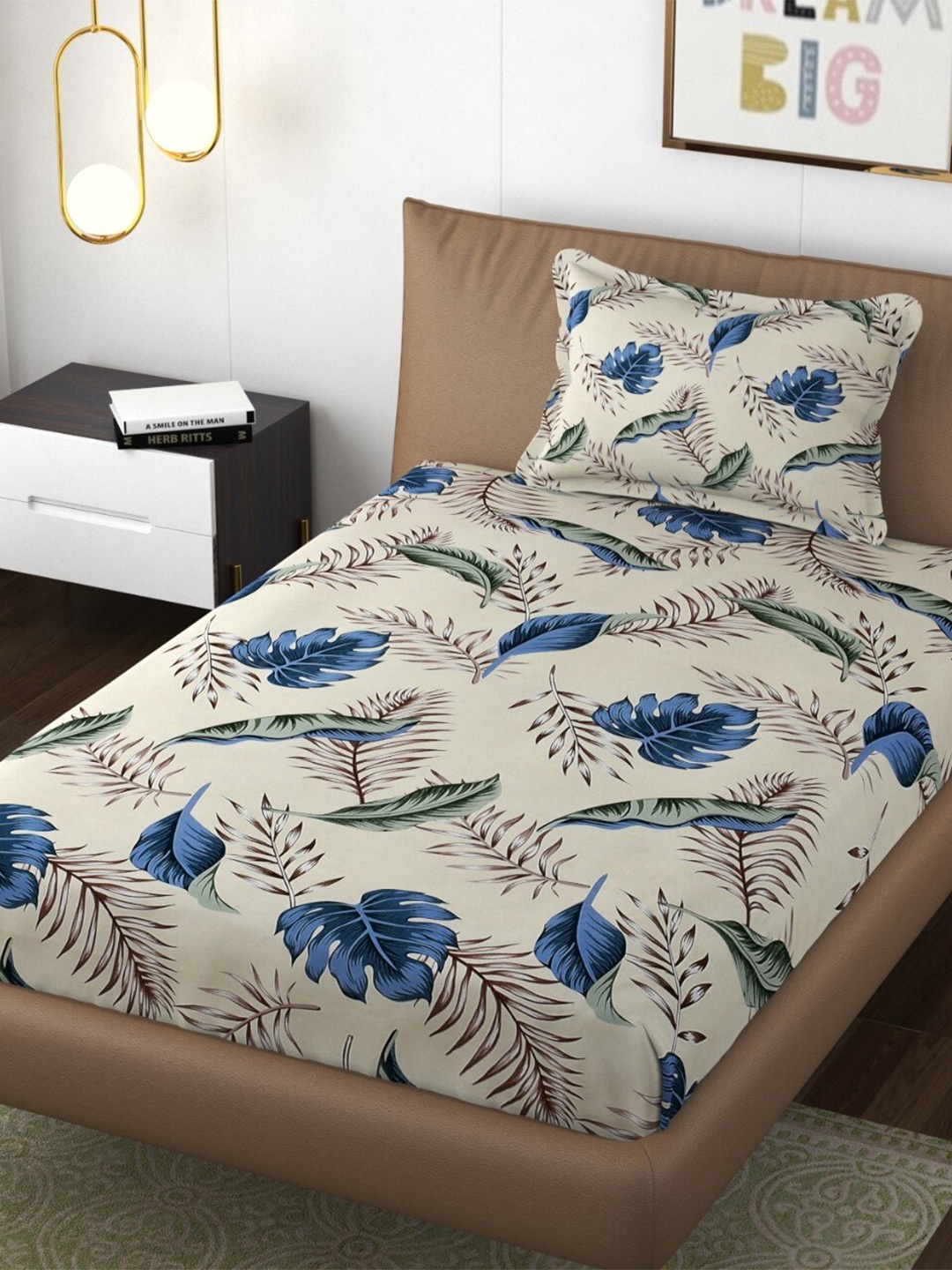 

Bajo's Cream-Coloured & Blue Floral Cotton Fitted 210 TC Single Bedsheet & 1 Pillow Cover