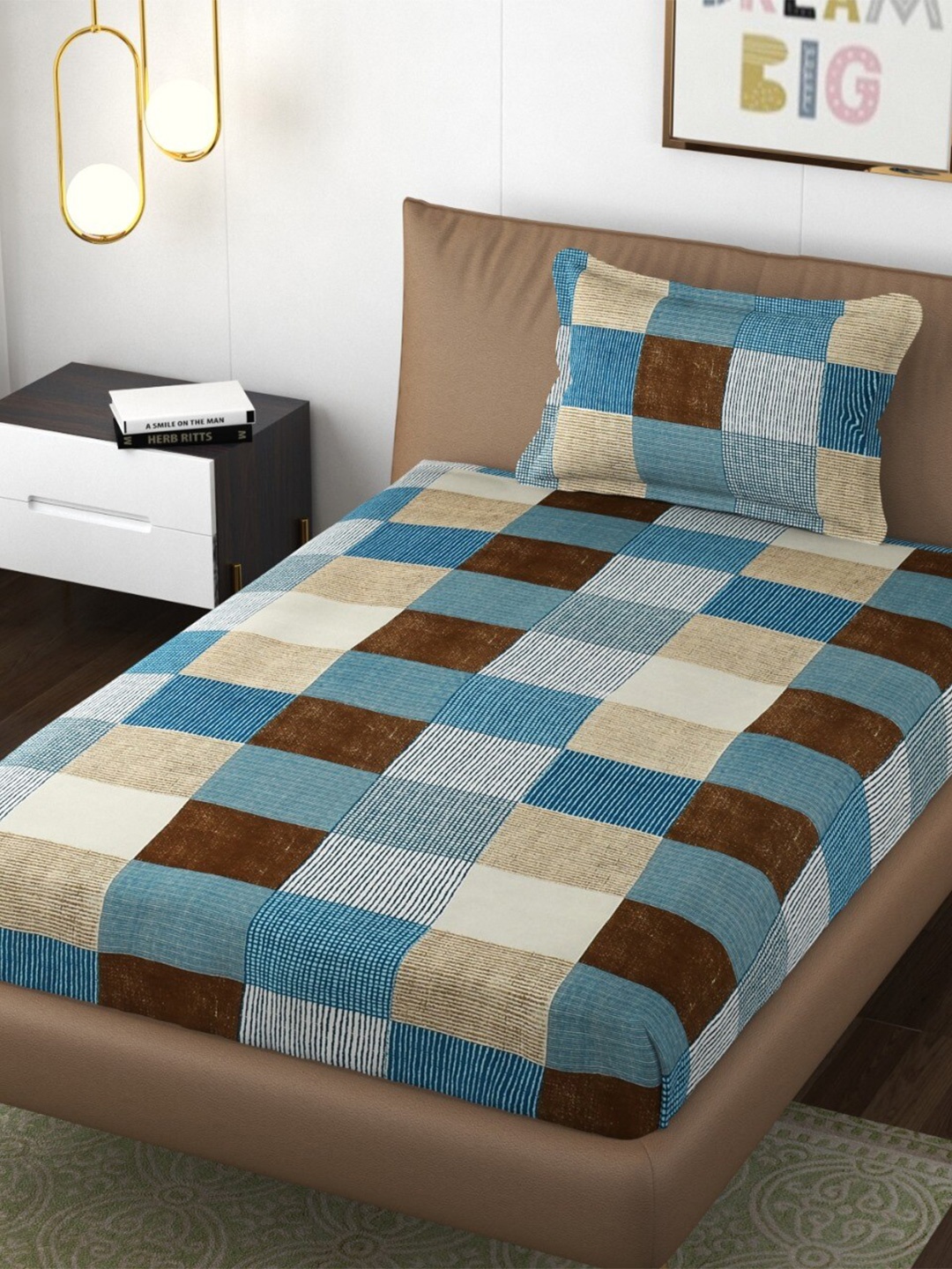 

Bajo's Brown Geometric Cotton Fitted 210 TC Single Bedsheet & Pillow Cover, Cream