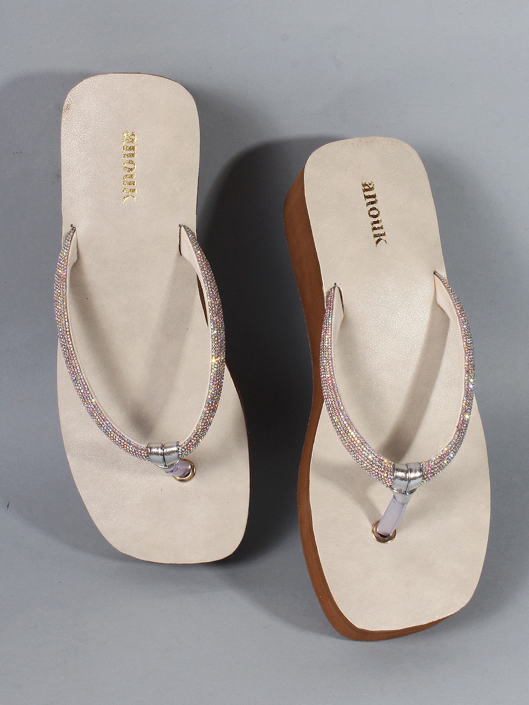 

Anouk White & Gold-Toned Embellished Flatform Heels
