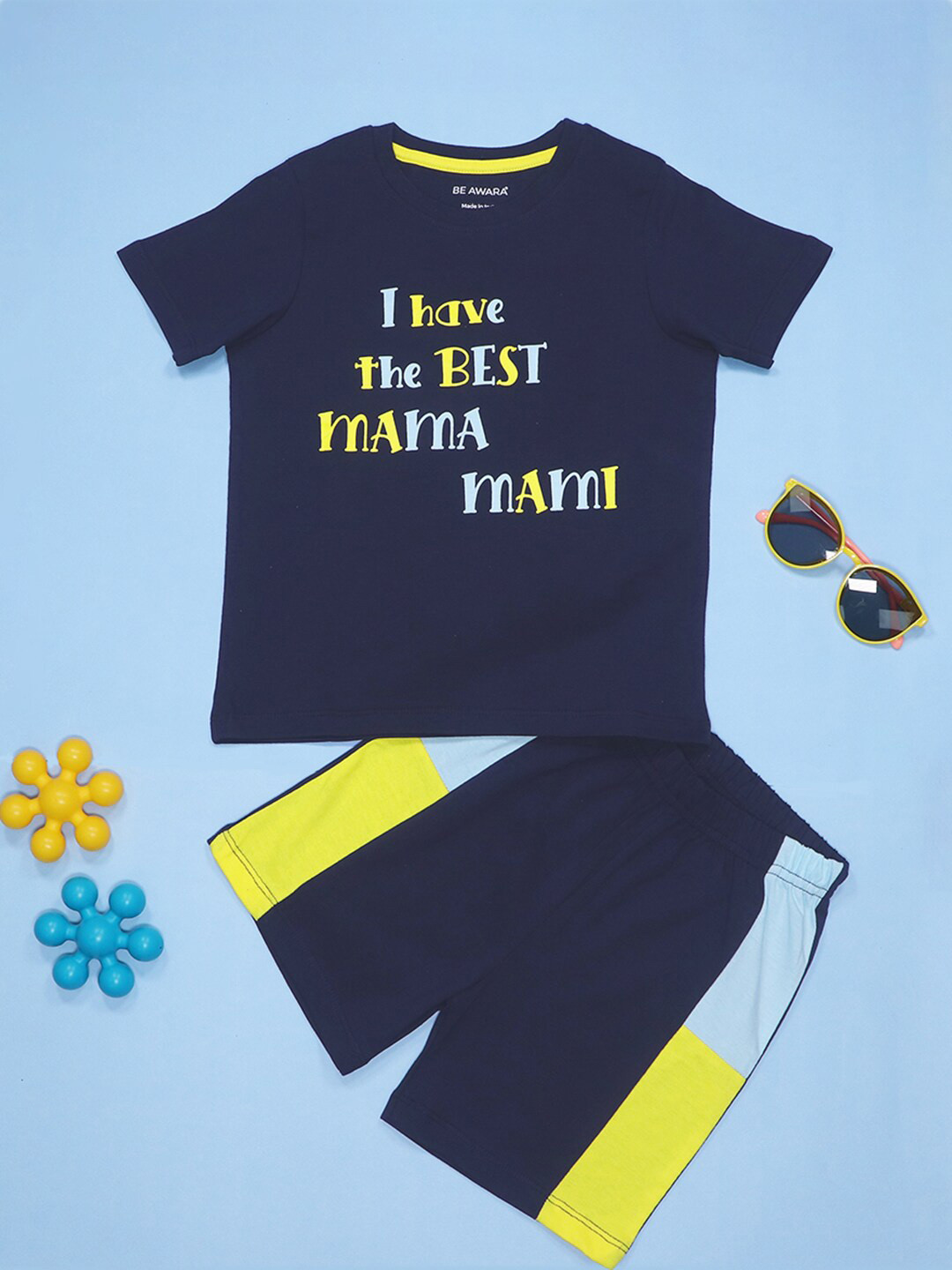

BE AWARA Infants Typography Printed Pure Cotton Clothing Set, Navy blue