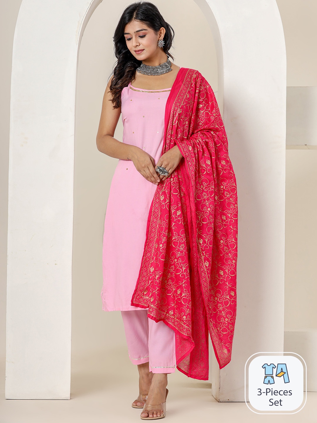 

Shedika Embroidered Regular Mirror Work Kurta With Trousers & Dupatta, Pink
