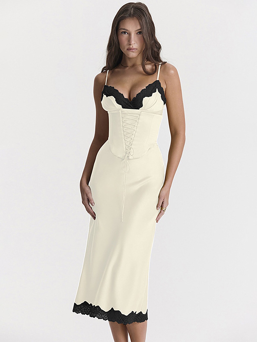 LULU & SKY Shoulder Straps Tie Up Detailed Sheath Midi Dress, Off white