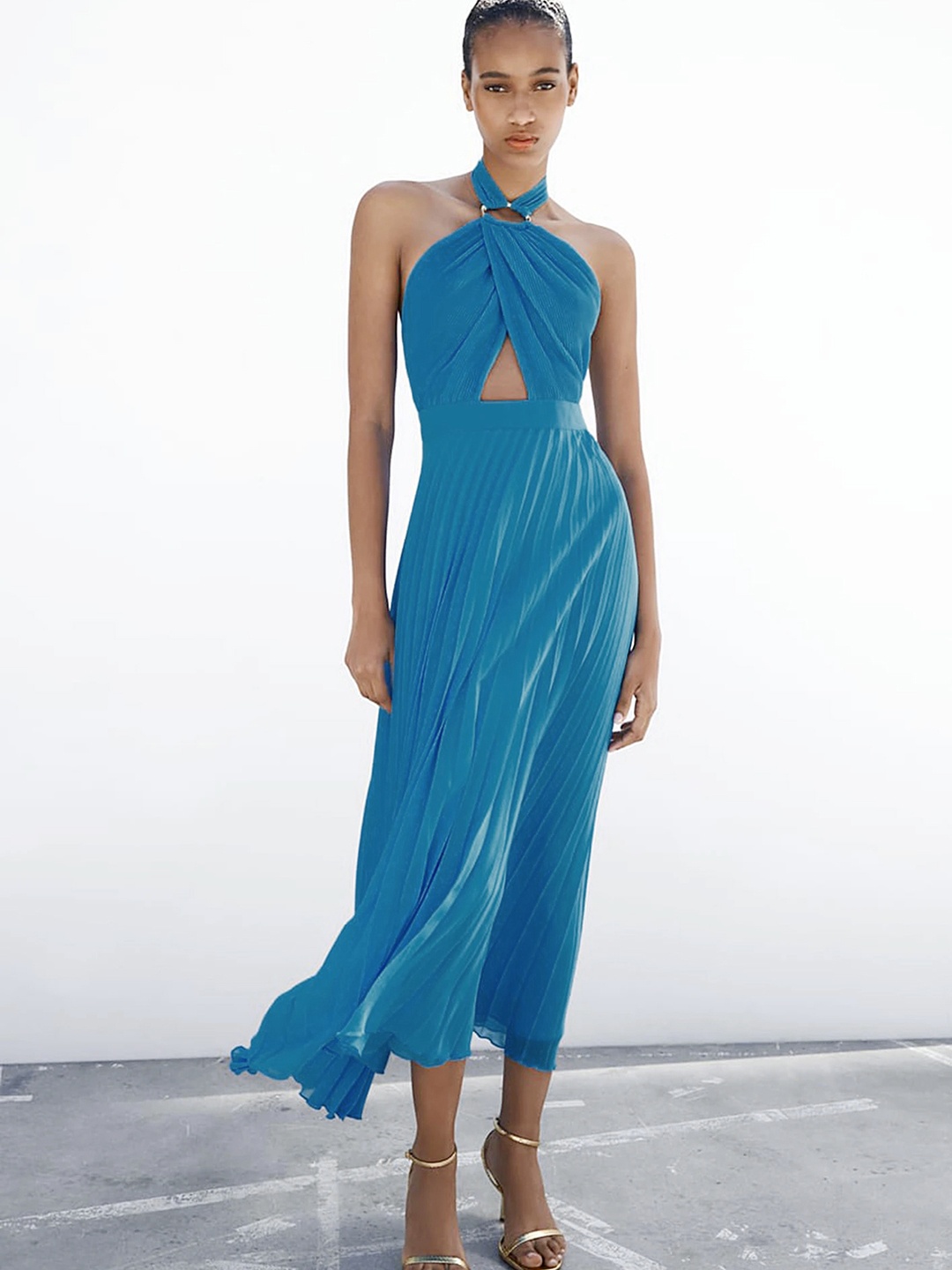 

LULU & SKY Halter Neck Accordion Pleated Cut-Outs A-Line Midi Dress, Blue