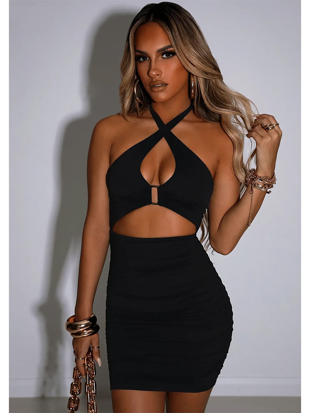 

LULU & SKY Tie-Up Neck Cut-Outs Bodycon Mini Dress, Black