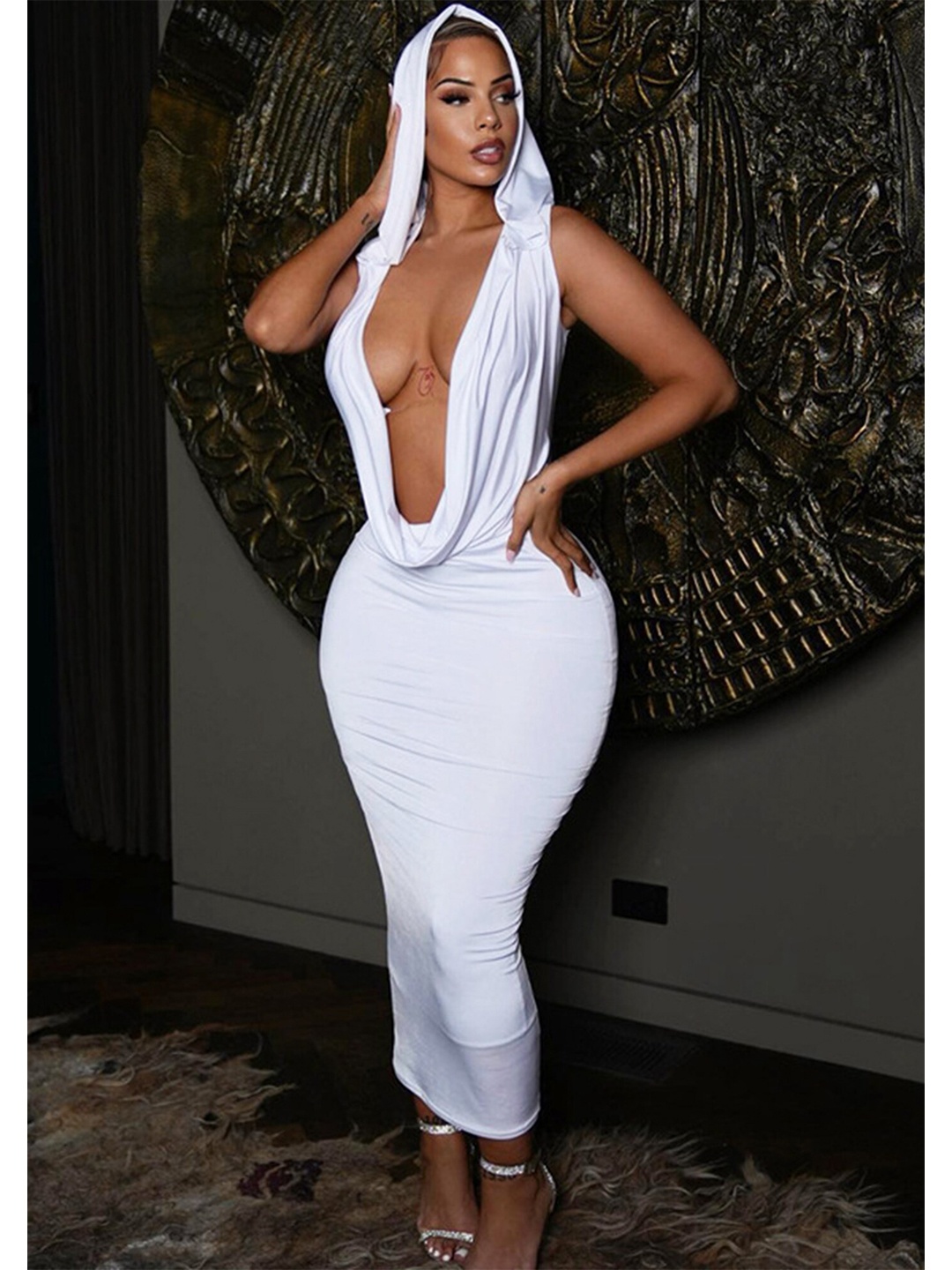 LULU & SKY Hooded Bodycon Midi Dress, White