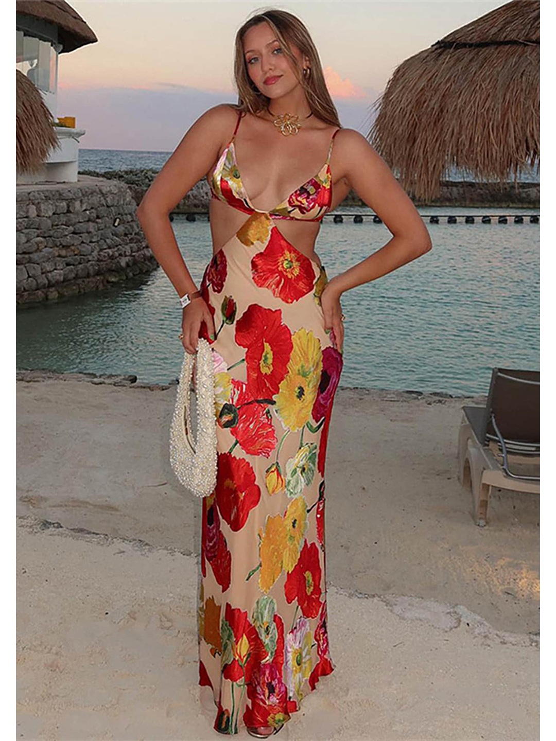 LULU & SKY Floral Printed Cut-Outs Maxi Dress, Red