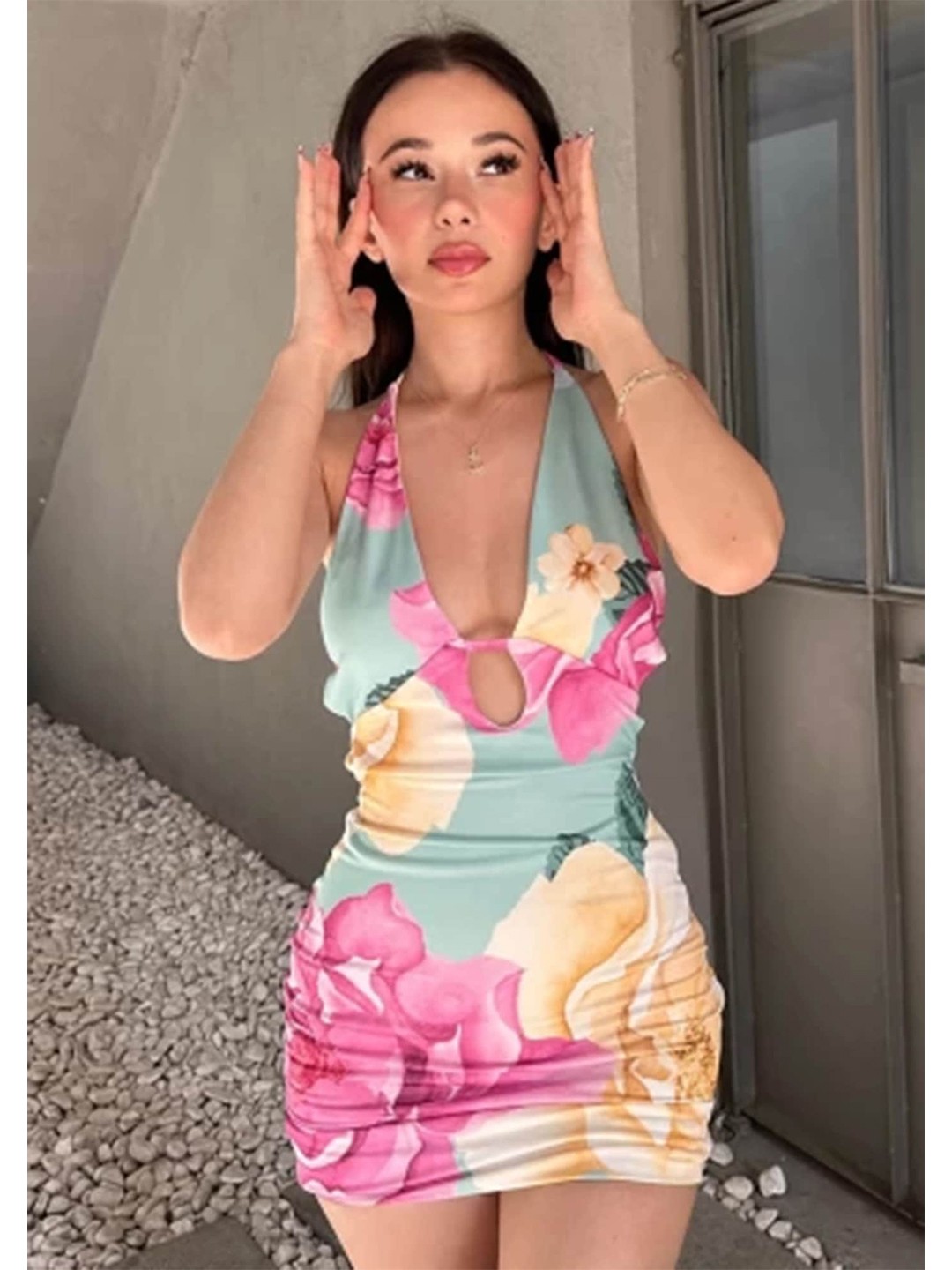 

LULU & SKY Floral Printed Tie-Up Bodycon Mini Dress, Green