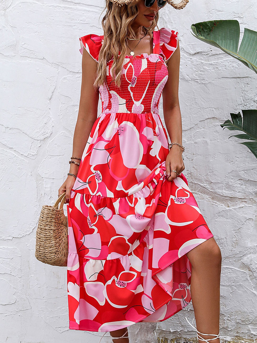 

LULU & SKY Floral Printed Smocked Fit & Flare Midi Dress, Red