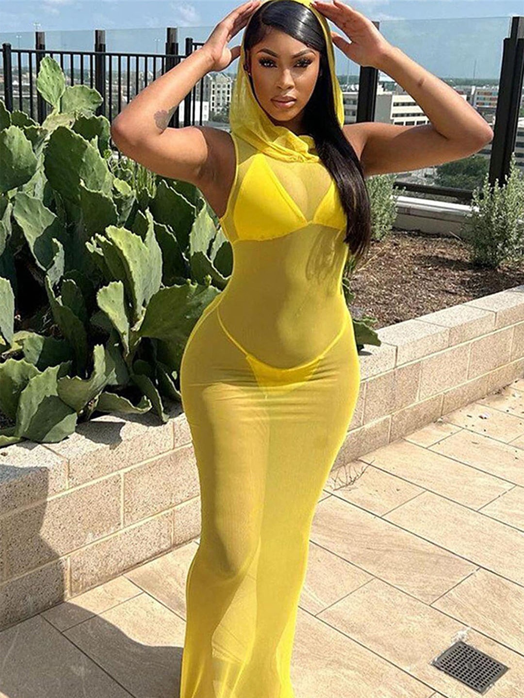 

LULU & SKY Sheer Hooded Maxi Dress, Yellow