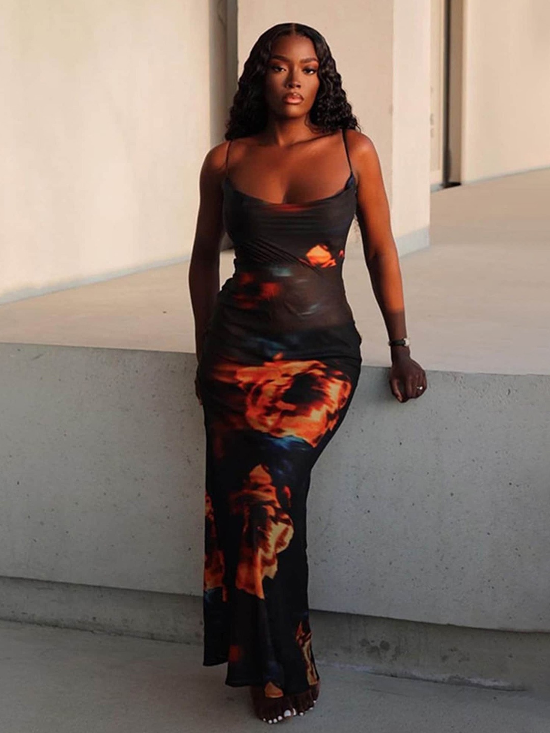 

LULU & SKY Abstract Printed Shoulder Straps Maxi Dress, Black