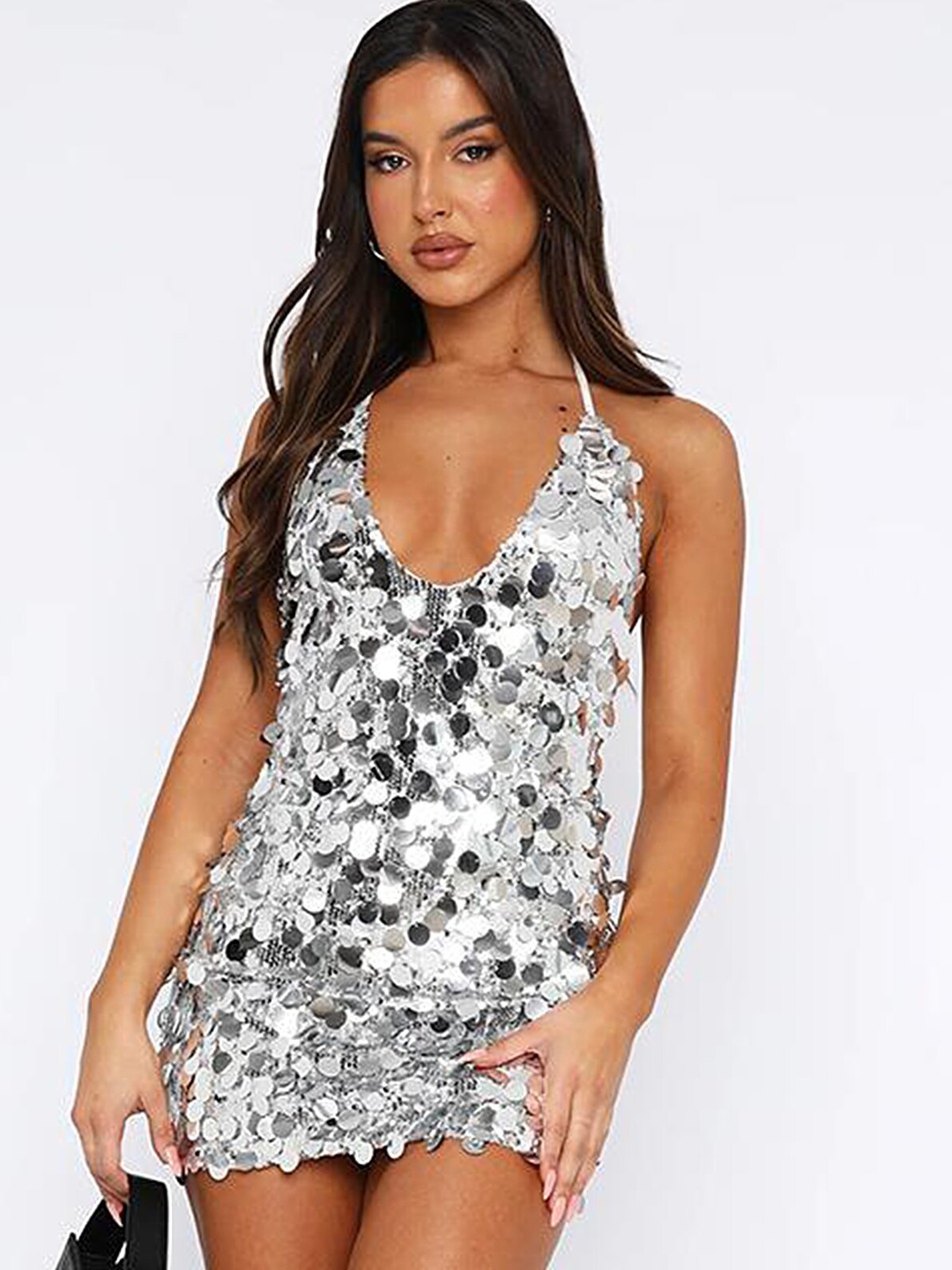 

LULU & SKY Embellished Halter Neck Sequinned Bodycon Mini Dress, Silver