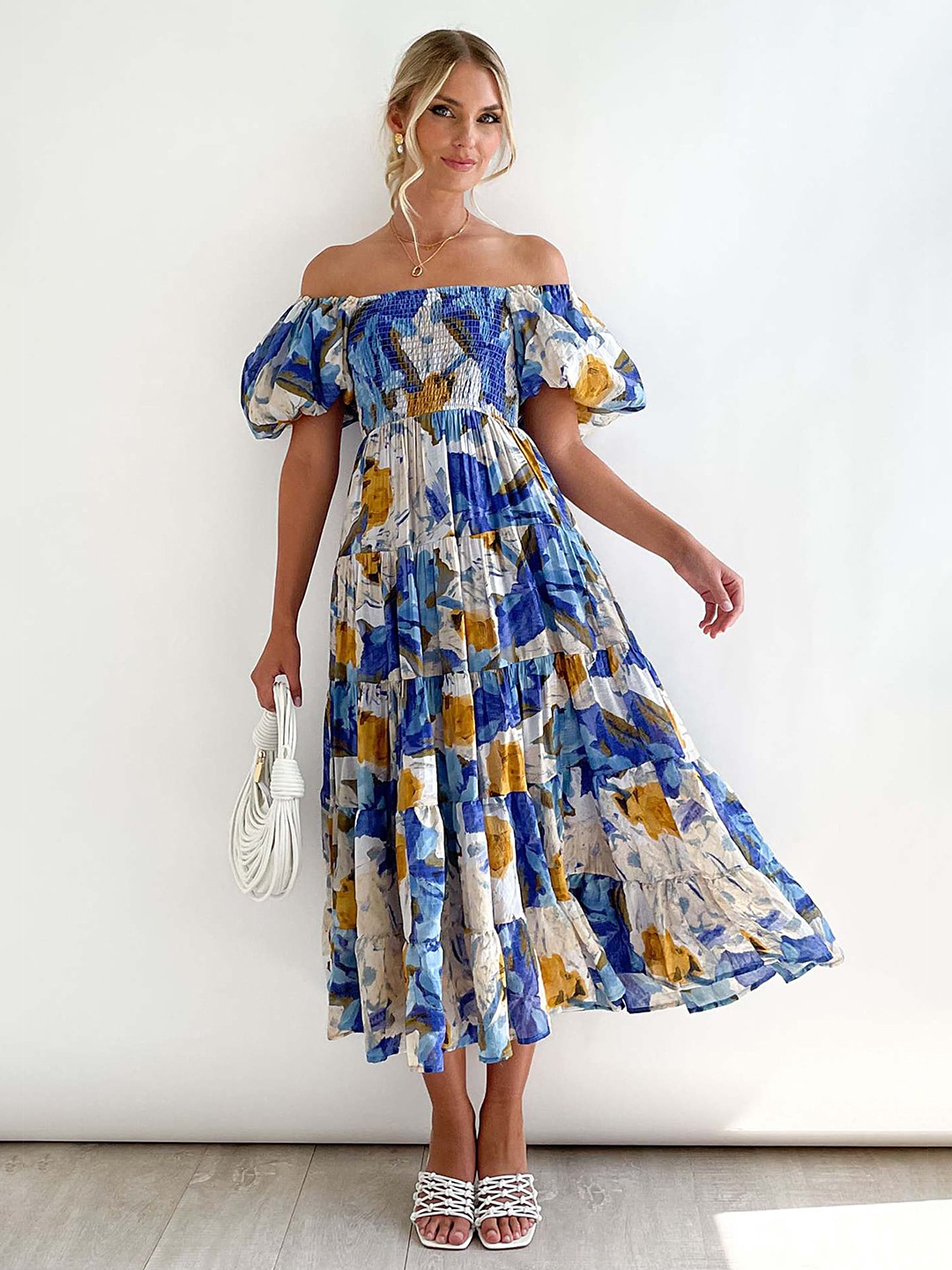 

LULU & SKY Floral Printed Off-Shoulder Puff Sleeves Smocked Tiered Fit & Flare Midi Dress, Blue
